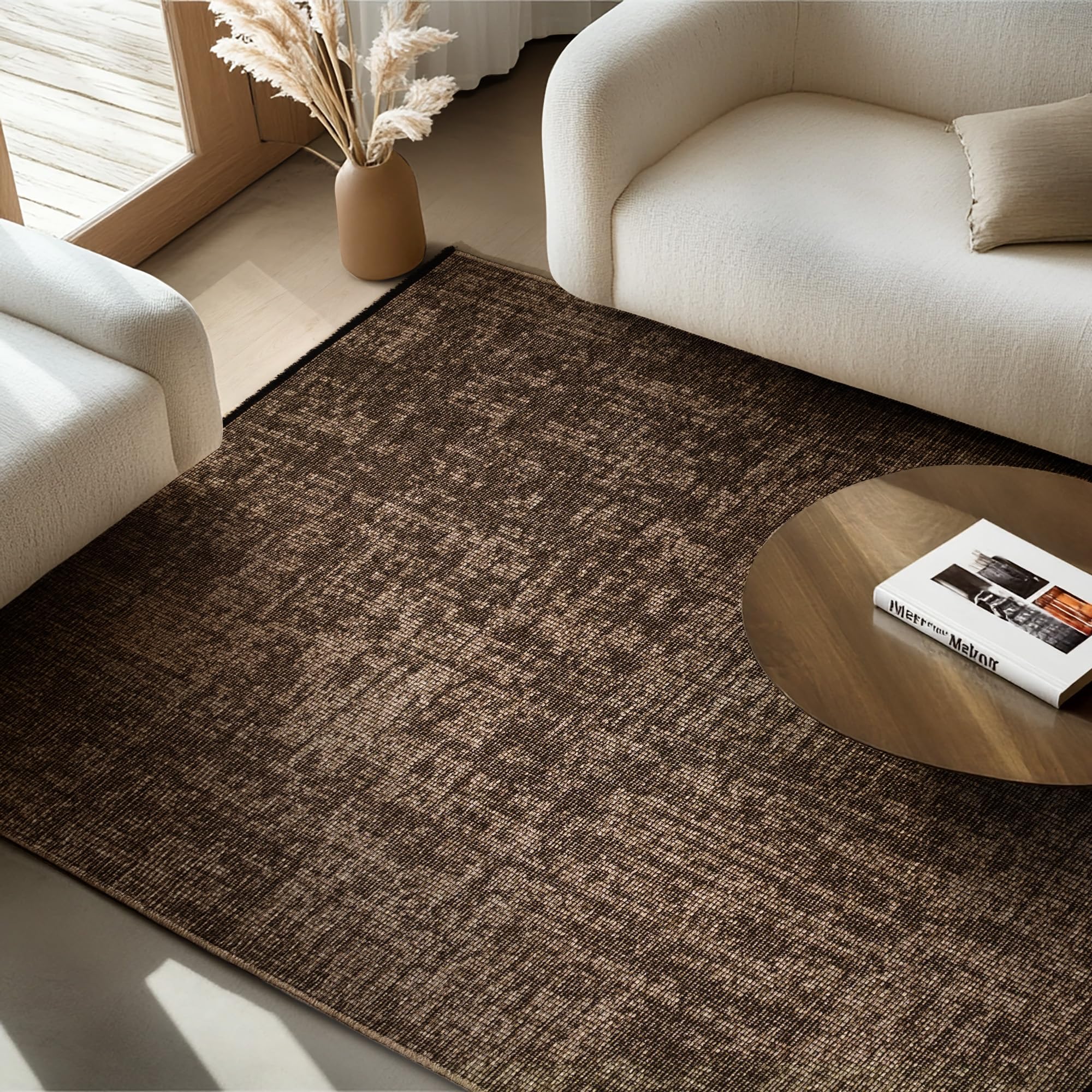 SIMPEX Tapis Coton Marron 200x290 cm Lavable Style Boho Vintage Kilim Poils Courts Antidérapant Doux Uni Mélangé pour Salon Chambre Bureau Cuisine