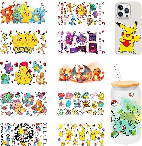 Calcomanías de transferencia de vasos UV DTF para vasos de vidrio de 16 onzas, 10 hojas de transferencia de tazas para manualidades de tazas,