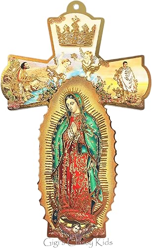 SFI Cruz de pared de madera italiana Nuestra Señora de Guadalupe Virgen Juan Diego Ángeles 6 pulgadas