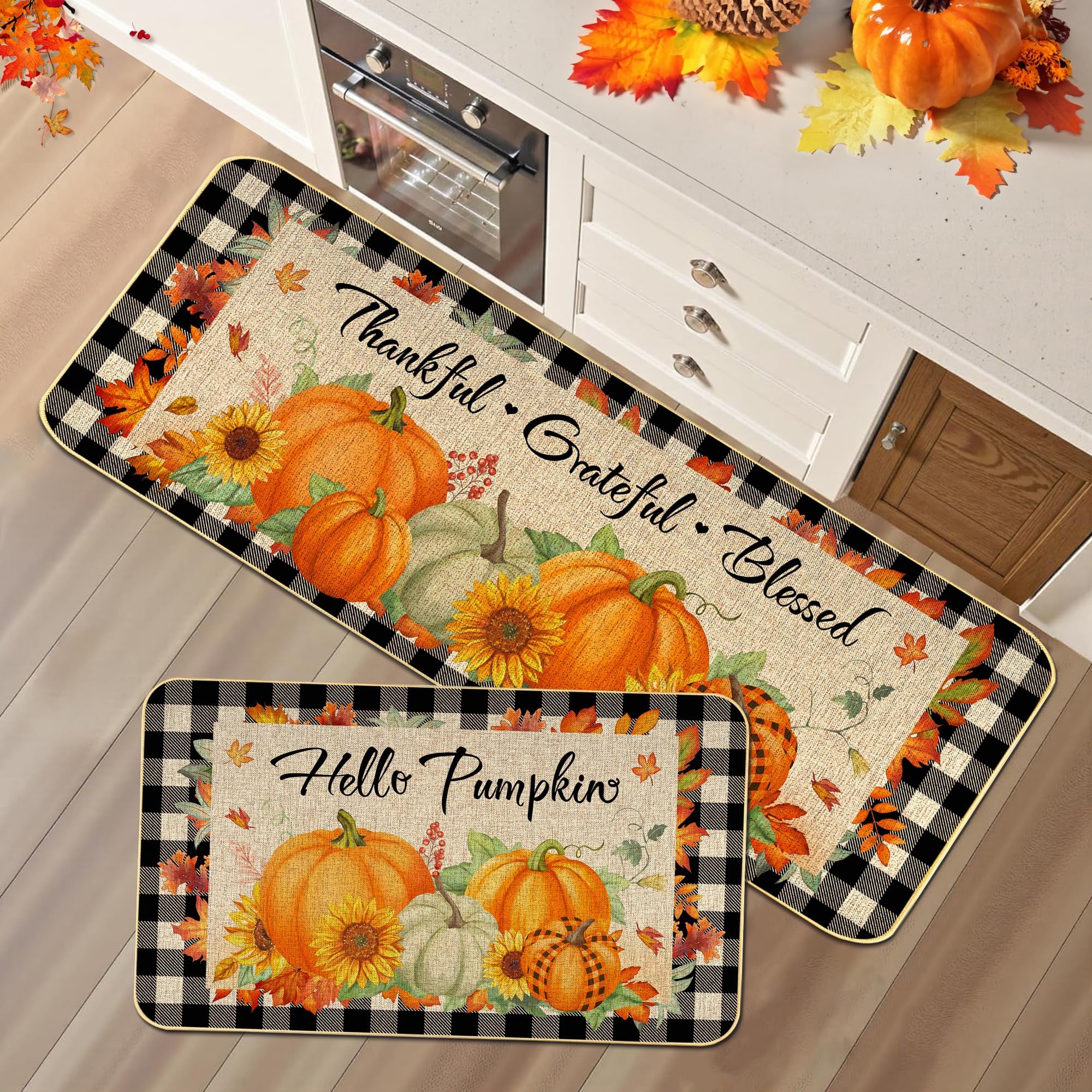 2 Pieces Hello Pumpkin Kitchen Mat Autumn Kitchen Rugs Thanksgiving Decorative Door Mats, Home Seasonal Fall Holiday Party Autumn Maple Leaves Harvest