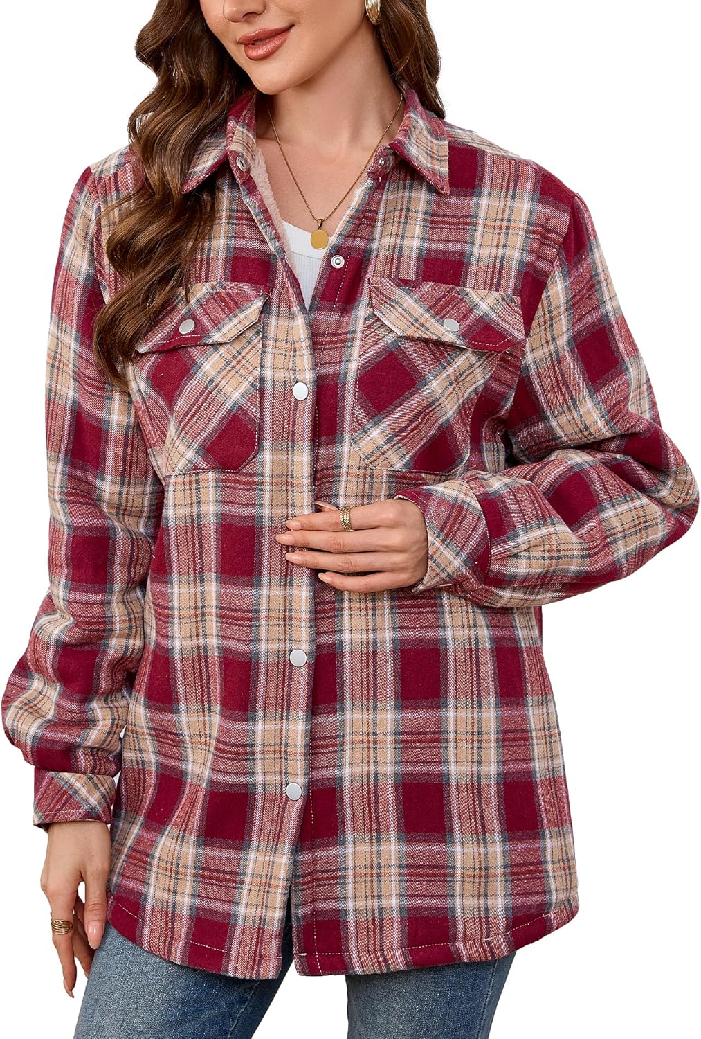 Women's Fleece Flannel Jacket Cotton Plaid Button Down Shirts Jacket Sherpa Lined Plaid Jackets for Women - Image 2