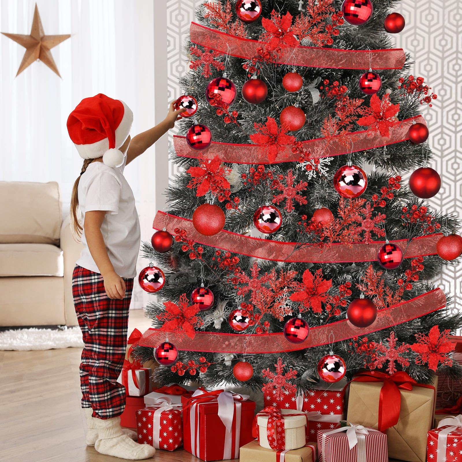 Lot de 94 décorations de sapin de Noël comprenant des boules de Noël à paillettes - Poinsettia - Fleurs de poinsettia à paillettes - Tiges de baies à paillettes pour Noël, vacances, mariage (rouge)