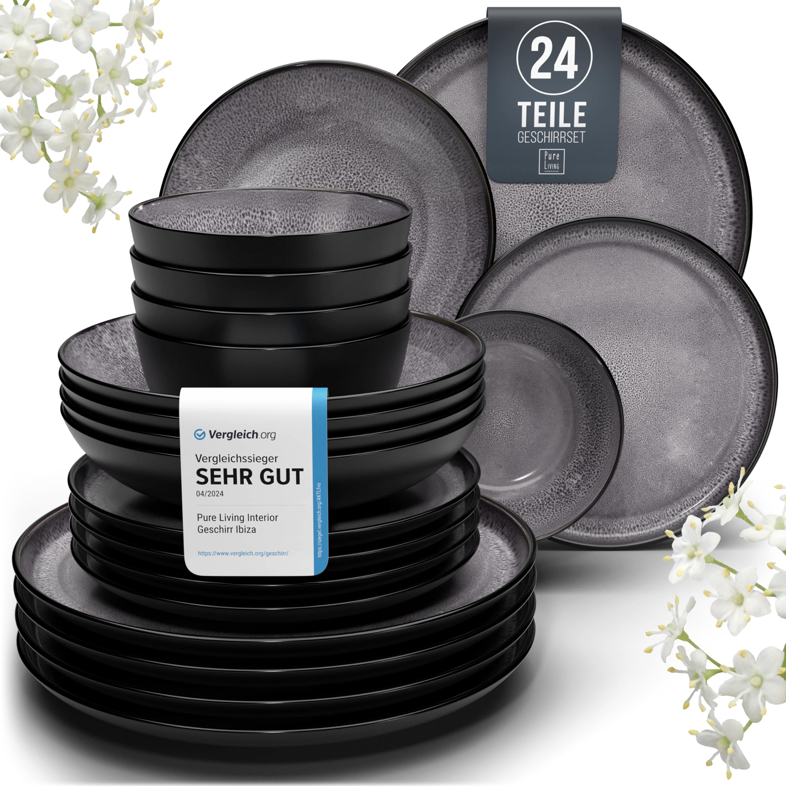 PURE LIVING INTERIOR DESIGN Ibiza Stoneware Crockery Set for 6 People, 24 Pieces, Mediterranean Crockery Set, Dishwasher, Microwave and Scratch Resistant, Bowl and Plate Set, Black in Grey