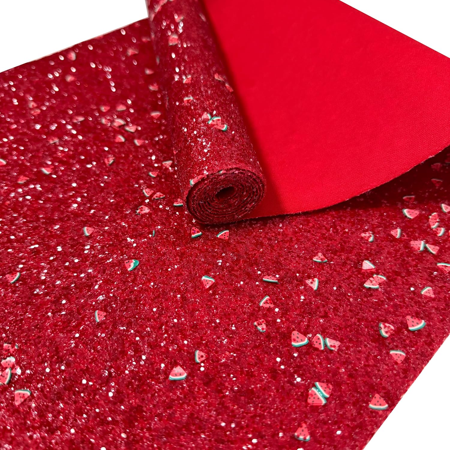 Meishu Carmine Faux Leather Watermelon Polymer Clay Chunky Glitter Roll, 52 x 12 Inch, Summer Glitter Fabric Ribbon for Bows Crafts Gift Wrapping Party Decoration (Red Watermelon) image 3