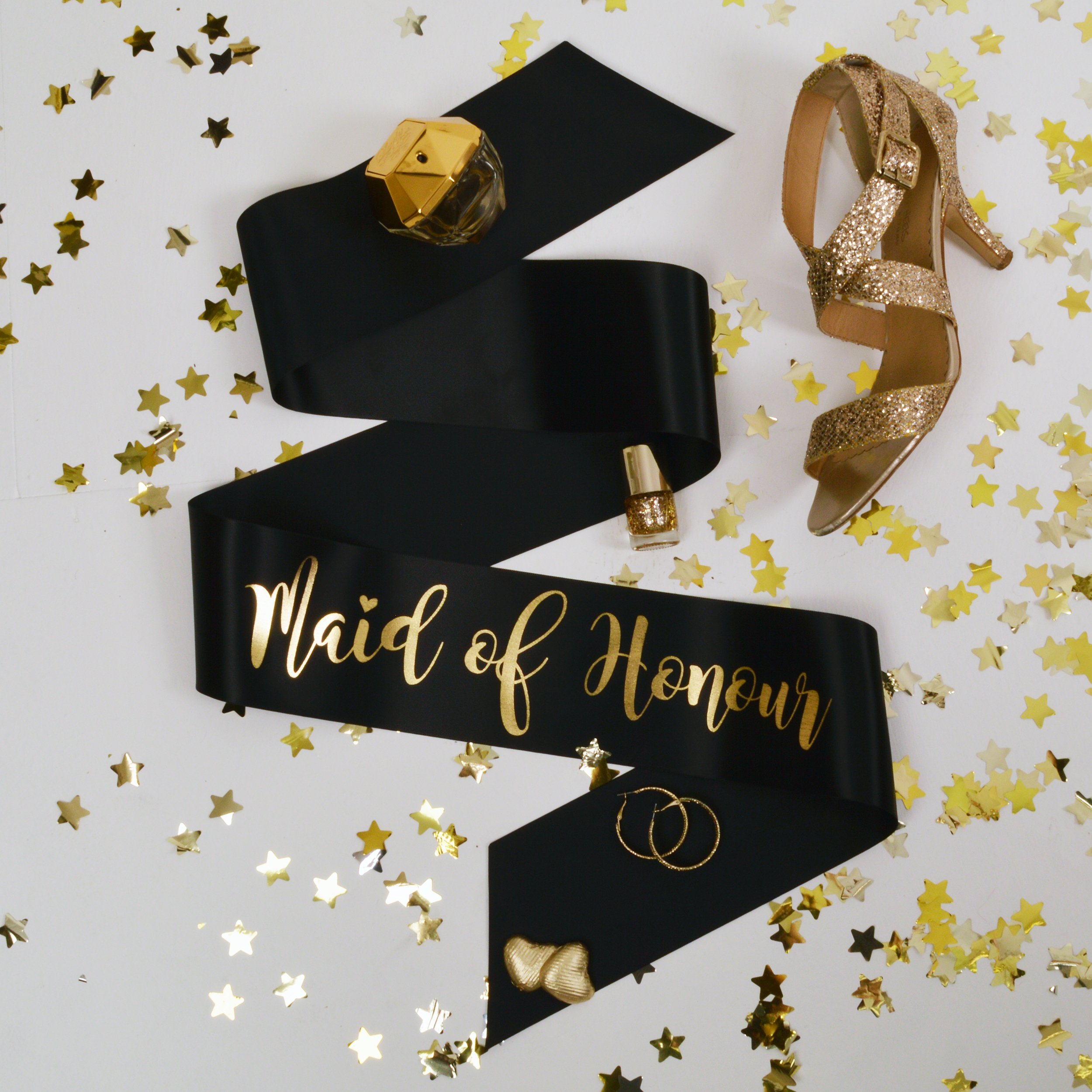 All Tied Up UK Ltd - Maid of Honour Hen Party Sash - Black and Gold Classy Hen Party Sashes - Team Bride Hen Party Range