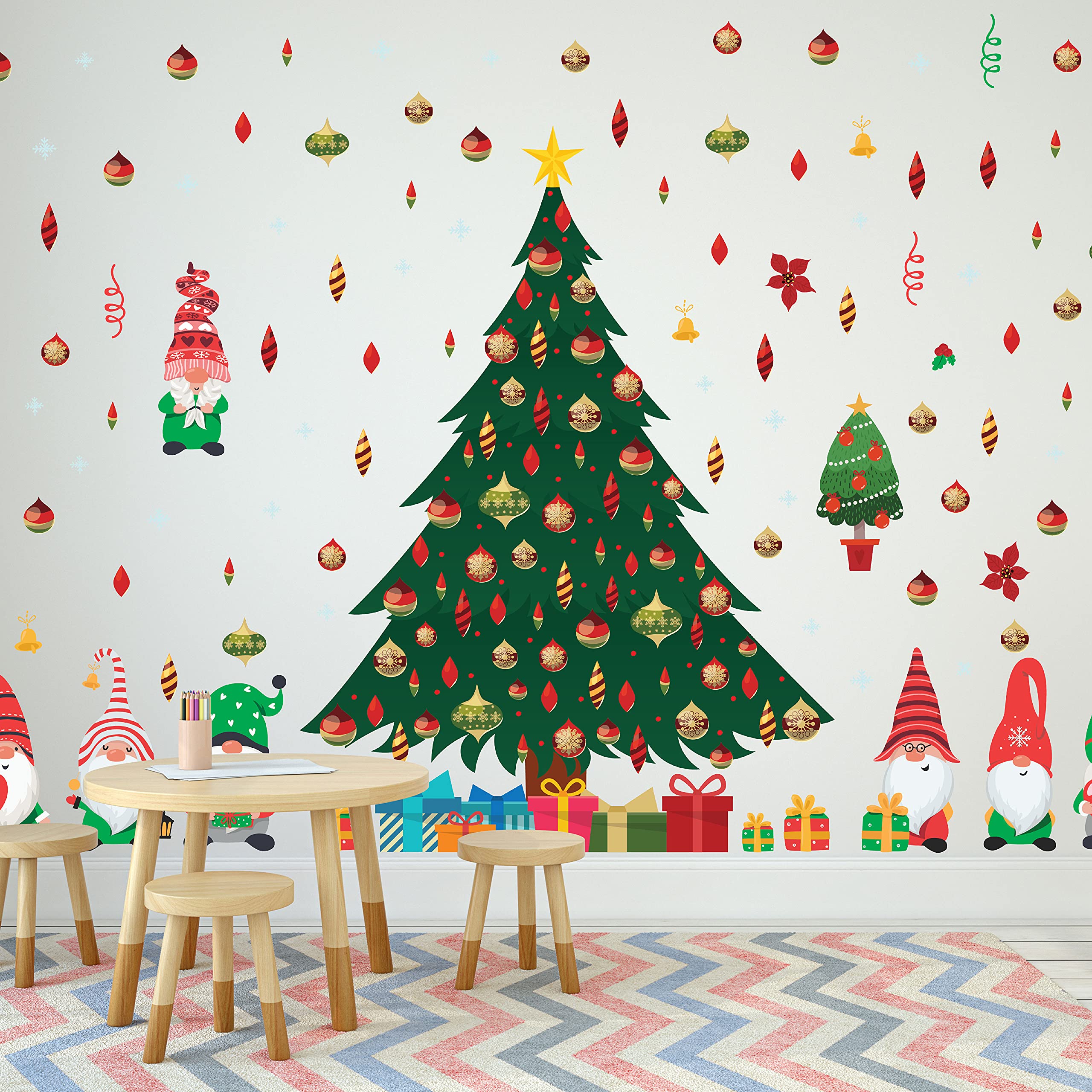 WALPLUS 140x200cm Christmas Combo Decorations Wall Stickers Merry Gnomes Around The Tree Wall Art Window Display Clings Display Decals Living Room Home Living Room Bedroom DIY Gift - Image 4