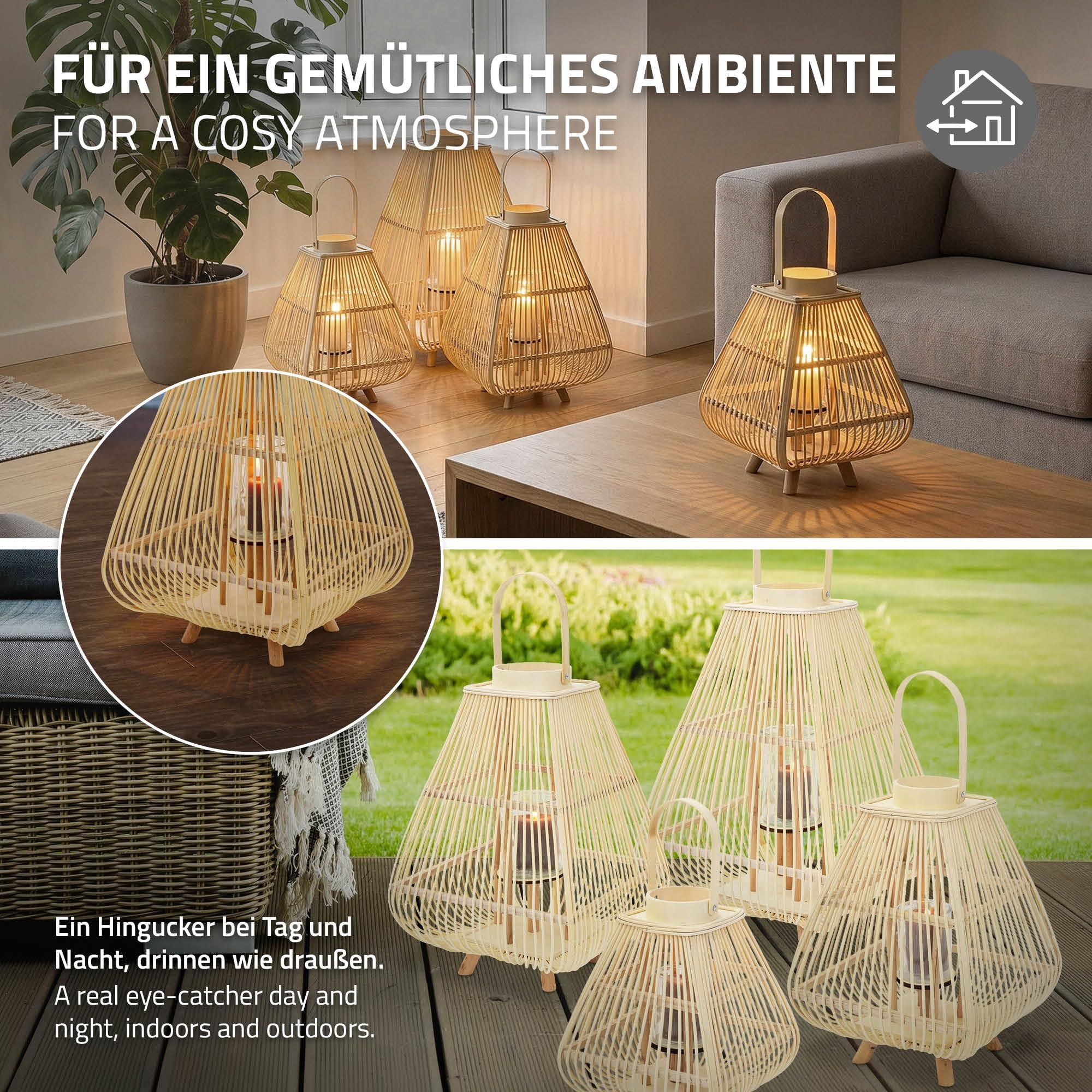 ECD Germany Latarnia Bambusowa Ogrodowa 73,5 cm Lampion Dekoracyjny Boho z Uchwytem i Szklanym Wkladem Swiecznik na Taras Balkon do Ogrodu i Salonu do Wnetrz na Zewnatrz Kolor Naturalny Styl Pleciony