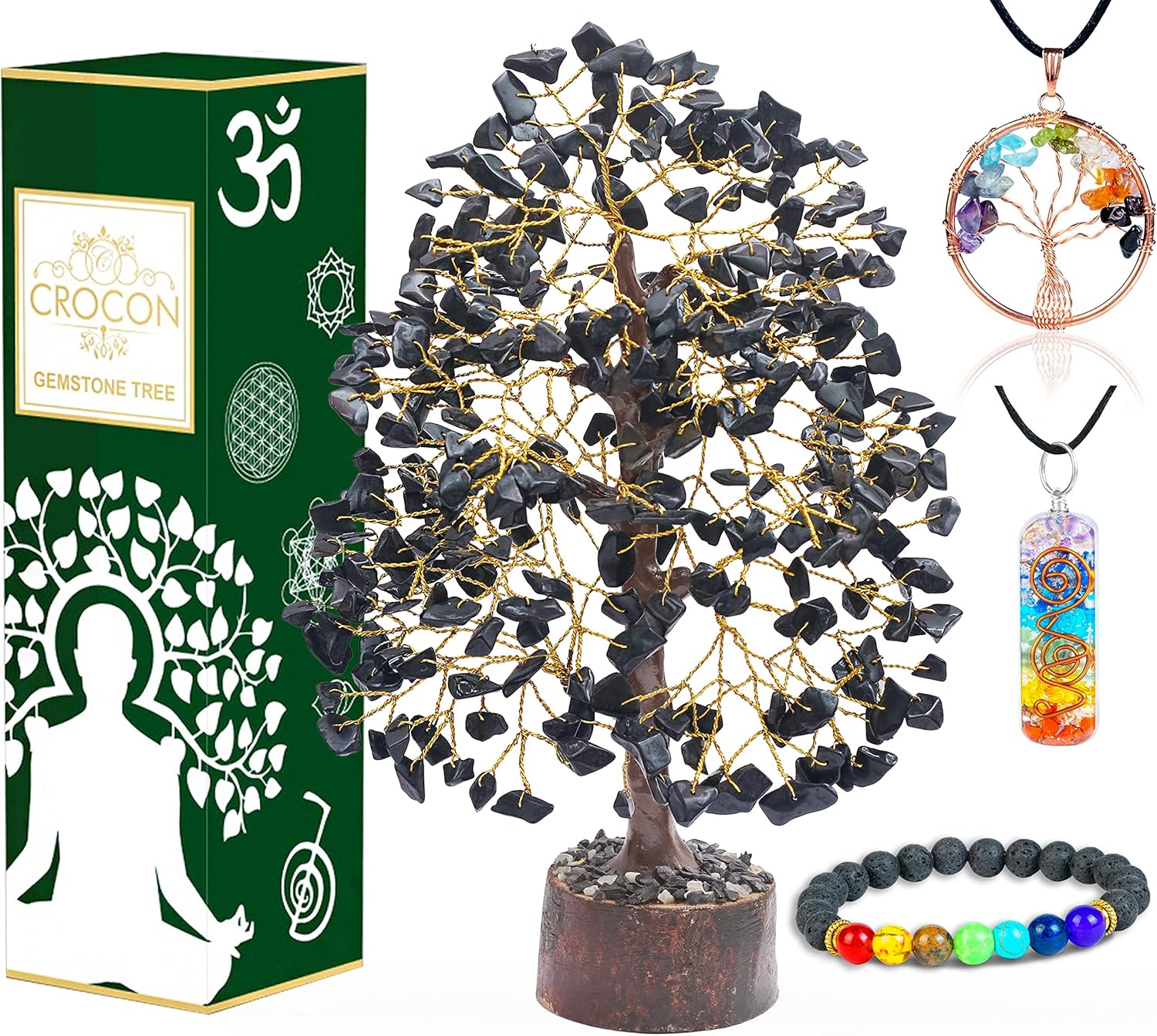 "Black Tourmaline Crystal Tree of Life with Bracelet & 2 Pendants Feng Shui Gem Tree Decor Healing Crystals Spiritual Black Gifts for Home Room & Desk Decor Gifts for Women, Girlfriend, Her & Sister"