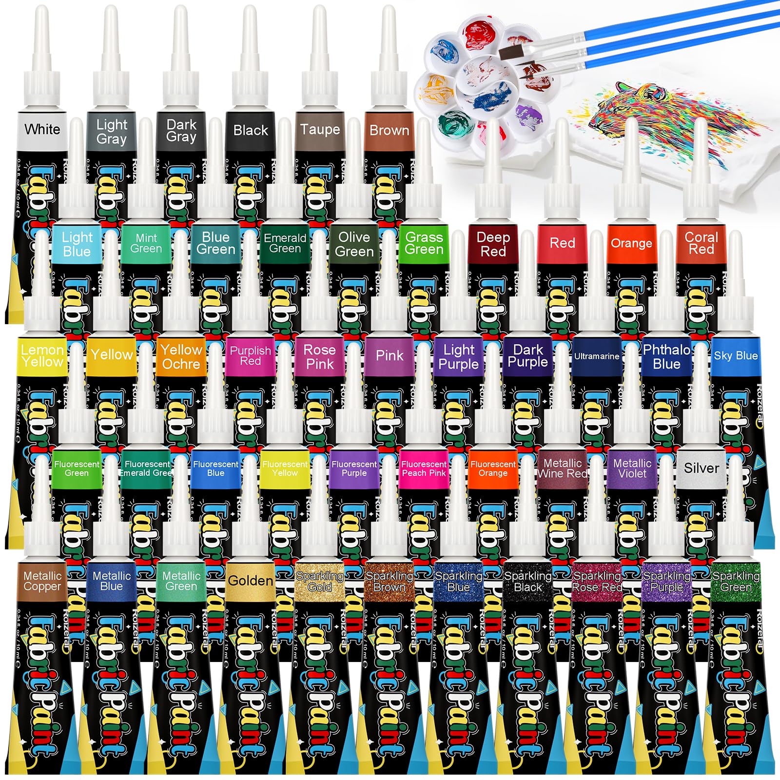 Roizefar Fabric Paint Set, 48 Colors with Metallic, Glitter & Neon, All-in-One Kit with Brushes & Palette, Permanent Textile Paint for Clothes, Shoes, Bags, Shirts, Canvas DIY, 10 ml Each