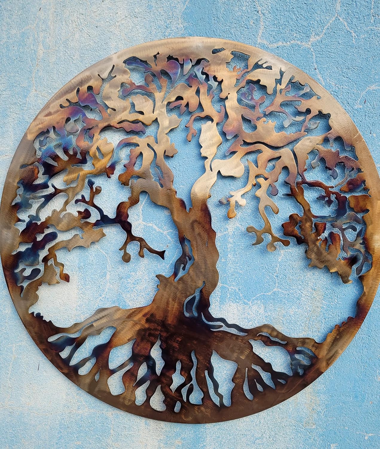 MetalArtWallDecor Large 36-Inch Tree of Life Metal Wall Art Laser-Cut Decorative Piece with Vibrant Heat Color Finish for