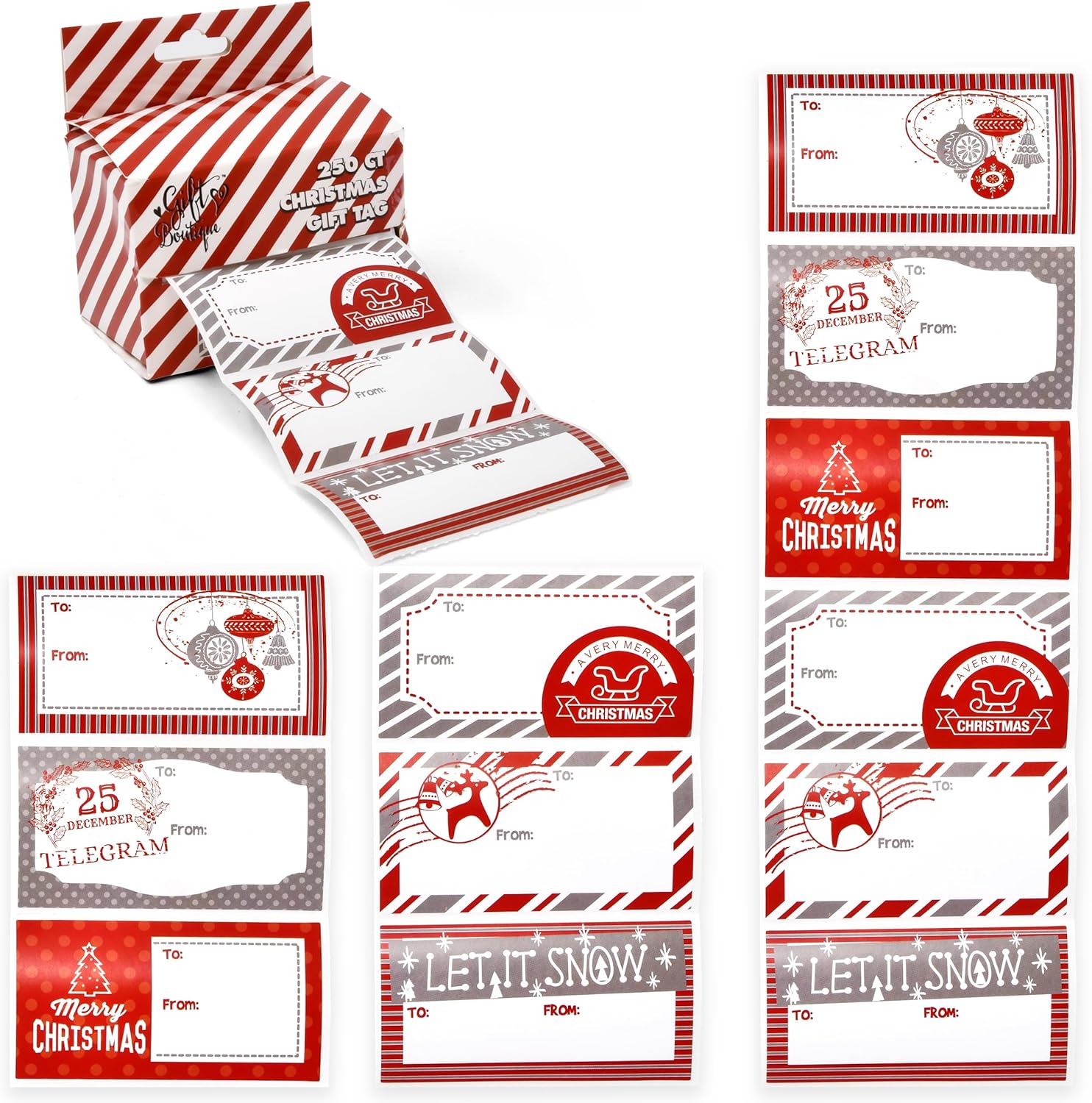 Large Christmas Sticker Gift Tags Roll in Box 250 Count