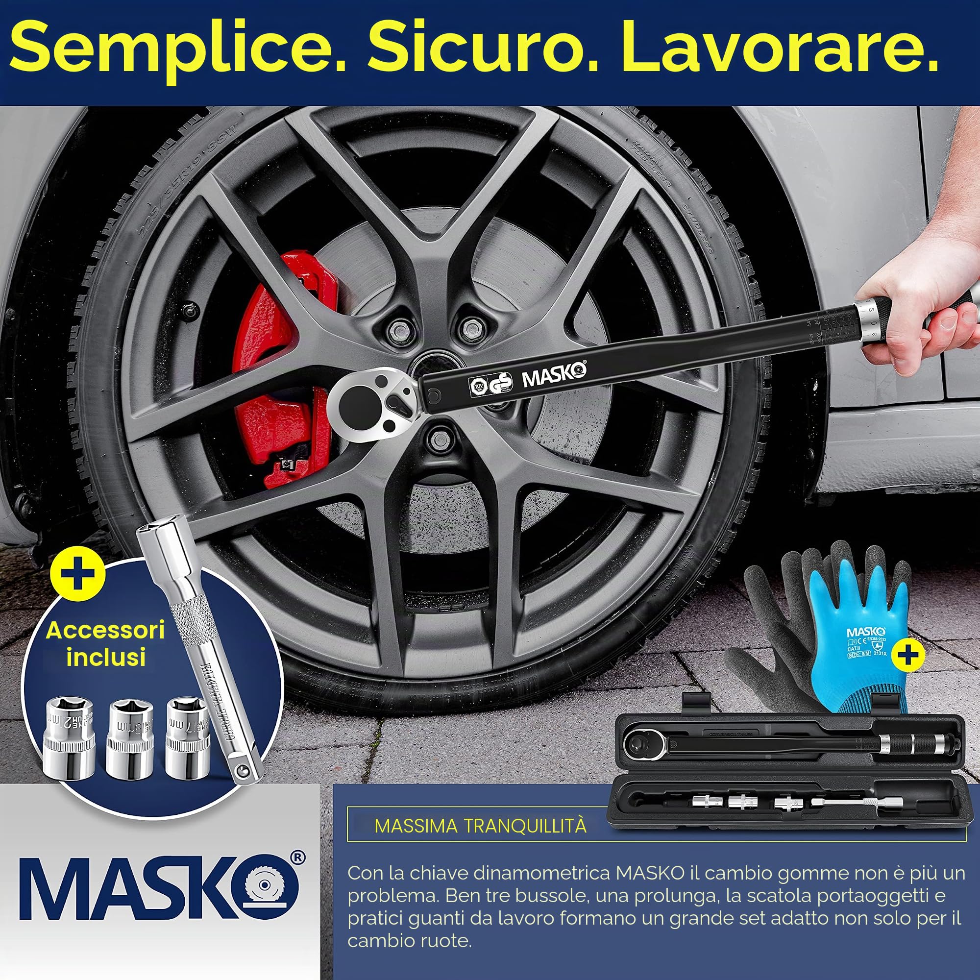 Masko® Chiave dinamometrica 6 pz. Set 40-210Nm 1/2 ' CV con 3 attacchi da 17 mm, 19 mm, 21 mm e prolunga da 125 mm con custodia +/- 4% di tolleranza chiave per pneumatici chiave dinamometrica