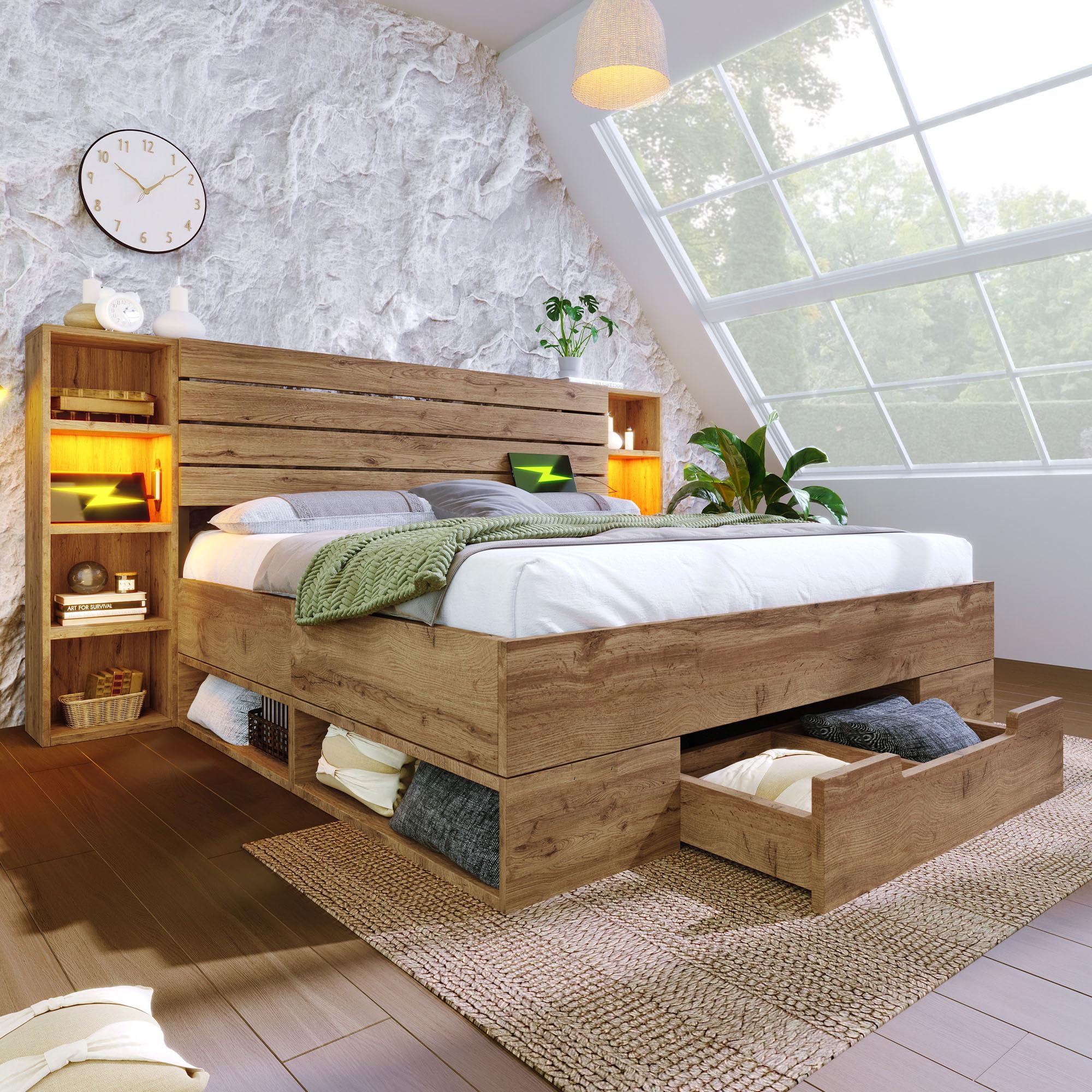 Letto matrimoniale in, letto con illuminazione a LED e testata e cassetti USB C, struttura a doghe in legno, rovere (senza materasso) (160 x 200 cm)