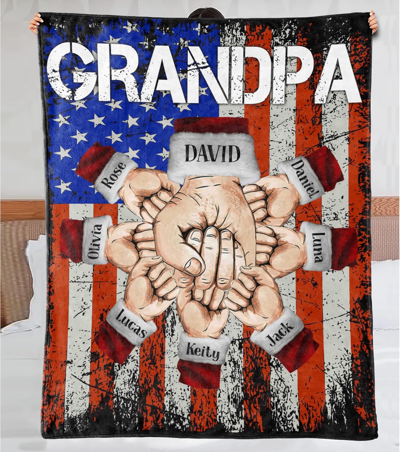 Personalized Blanket for Grandfather Poppy from Grandchildren Poppy Fist Bump Holding Hand with Heart Flag Custom Name Grandpa Gifts Ideas Fleece Sherpa Blanket for Christmas Couch Bed Sofa