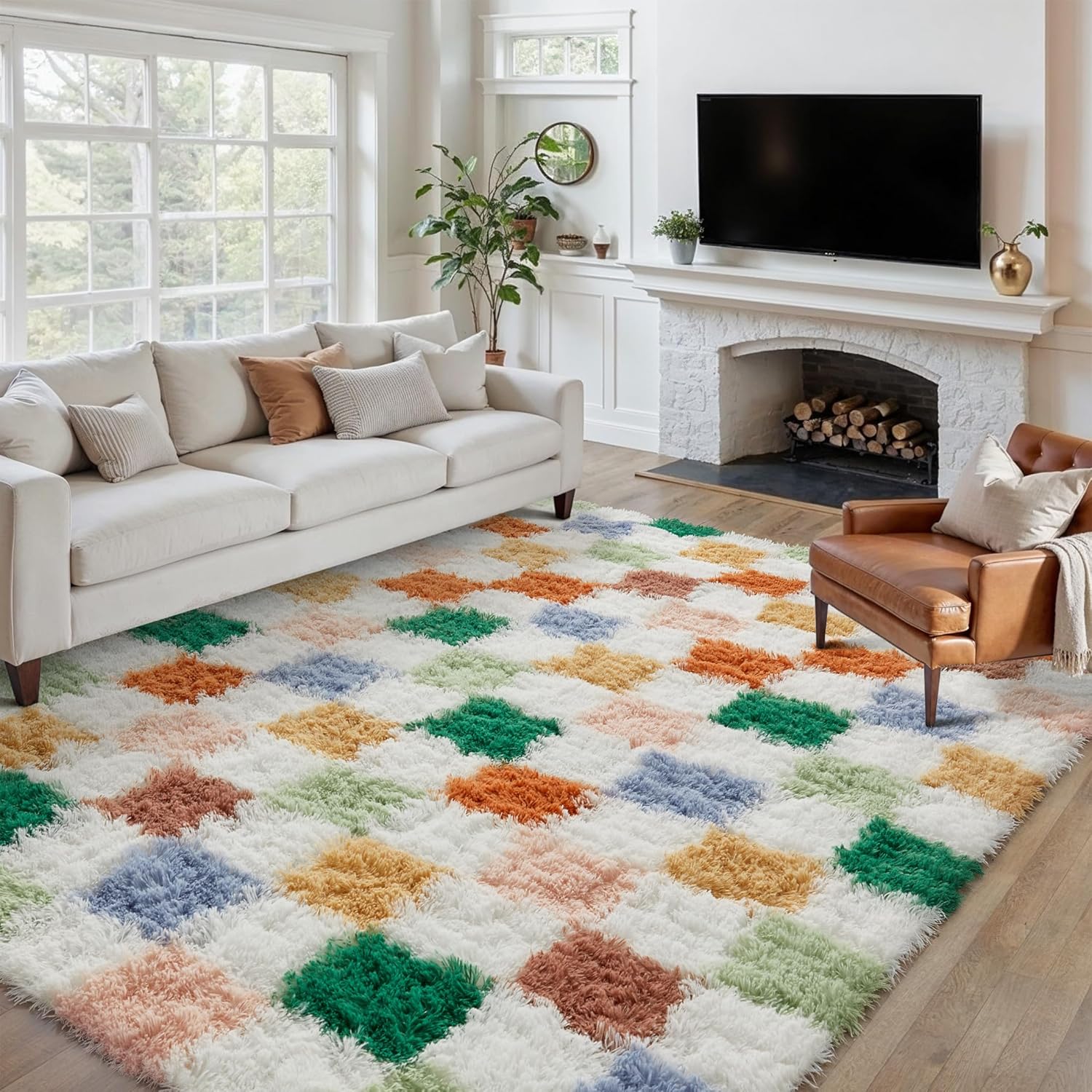 Checkered Rug 5x8 for Living Room, Modern Neutral Shag Rug Super Soft Washable Indoor Fuzzy Carpet Non-Slip Fluffy Rugs for Bedroom Home Aesthetic Decor 5' x 8' (Rectangular) Colorful