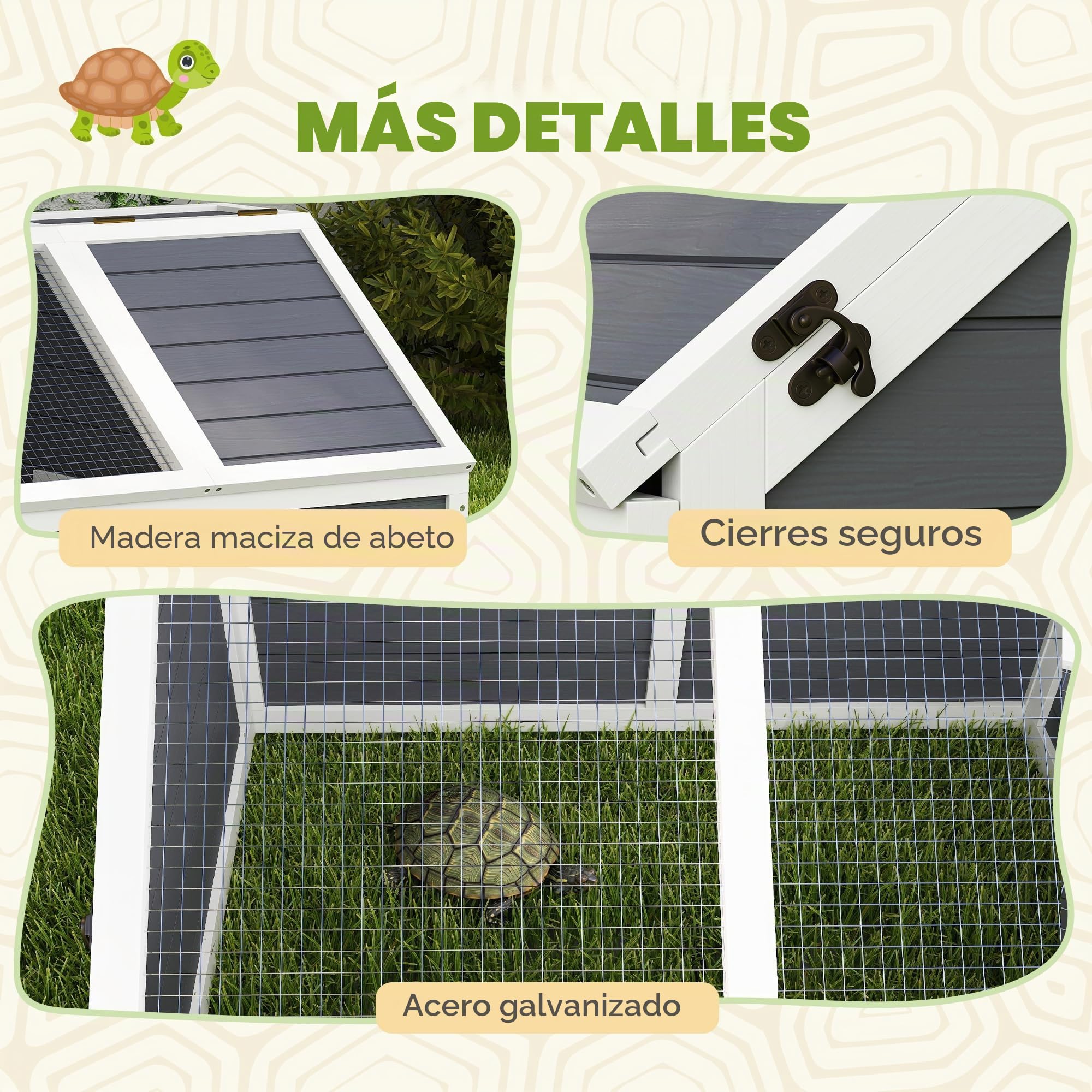 PawHut Casa para tortugas terrapín sin suelo con panel de apertura y 2 espacios separados, Casa para tortugas de abeto y acero galvanizado, 120x55x50A cm, gris claro y blanco | Sin pavimentación, panel abatible, 2 espacios separados, casa terrario tortuga