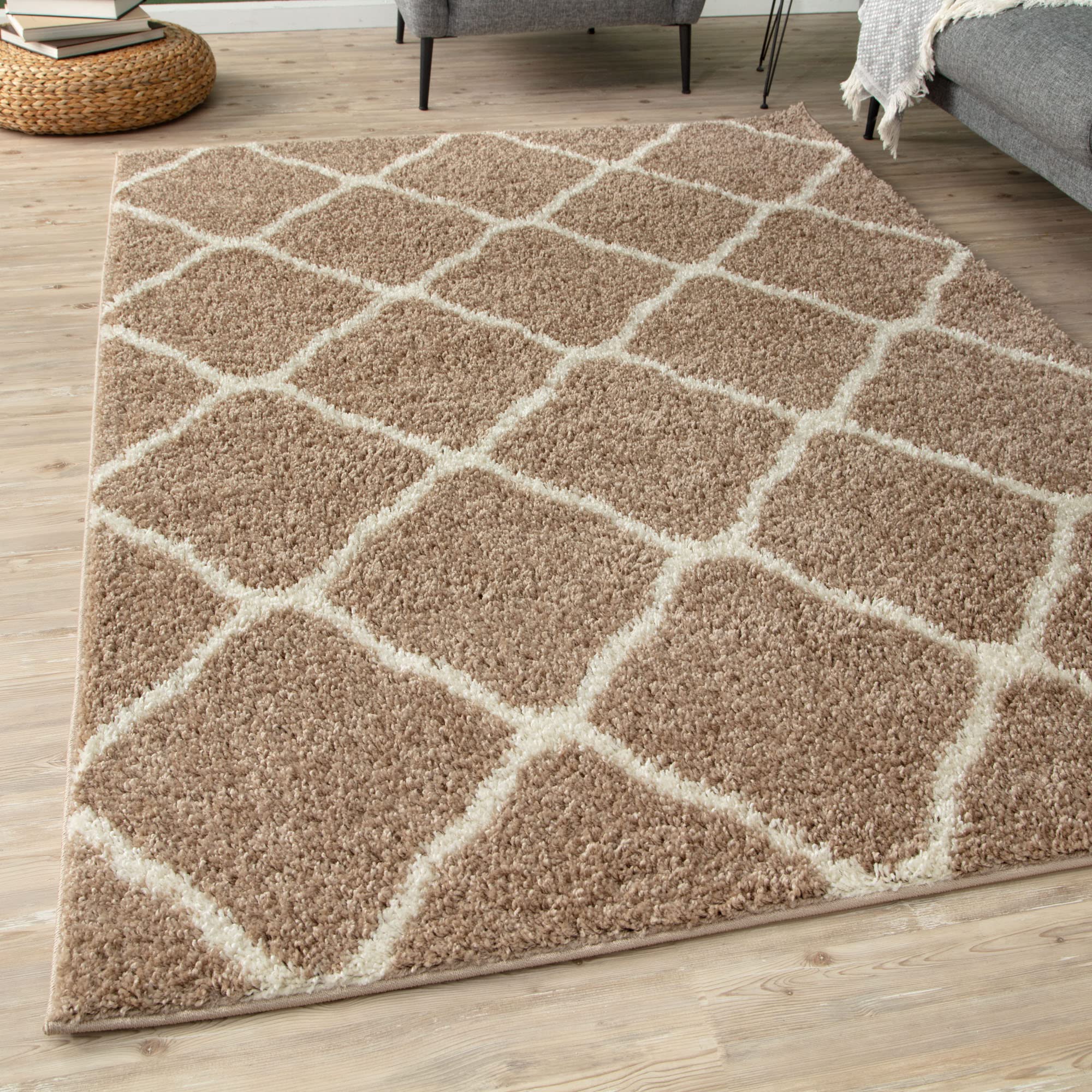 THE RUGS Shaggy Rug – Modern Moroccan Design Rugs for Living Room, Bedroom, Hallway, 3 cm Thick Area Rugs, (Moroccan Beige/Ivory, 80x300cm)