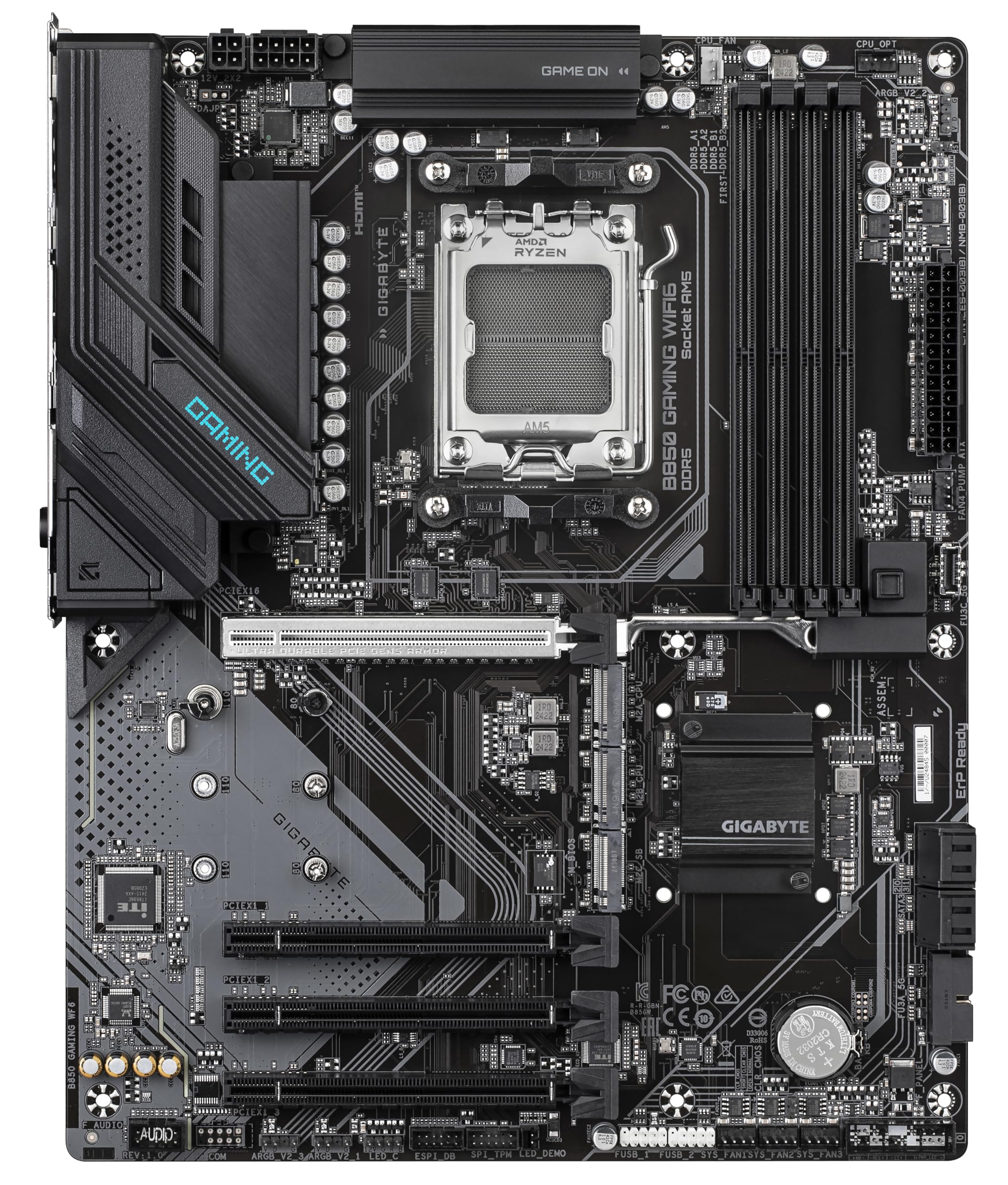 GIGABYTE B850 GAMING WIFI6 Motherboard - AMD Ryzen 9000 Series CPUs, 6+2+2 Phase Digital VRM, Up to 8200MHz DDR5 (OC), 1xPCIe 5.0 + 2xPCIe 4.0 M.2, GbE LAN, WIFI 6, USB 3.2 Gen 2