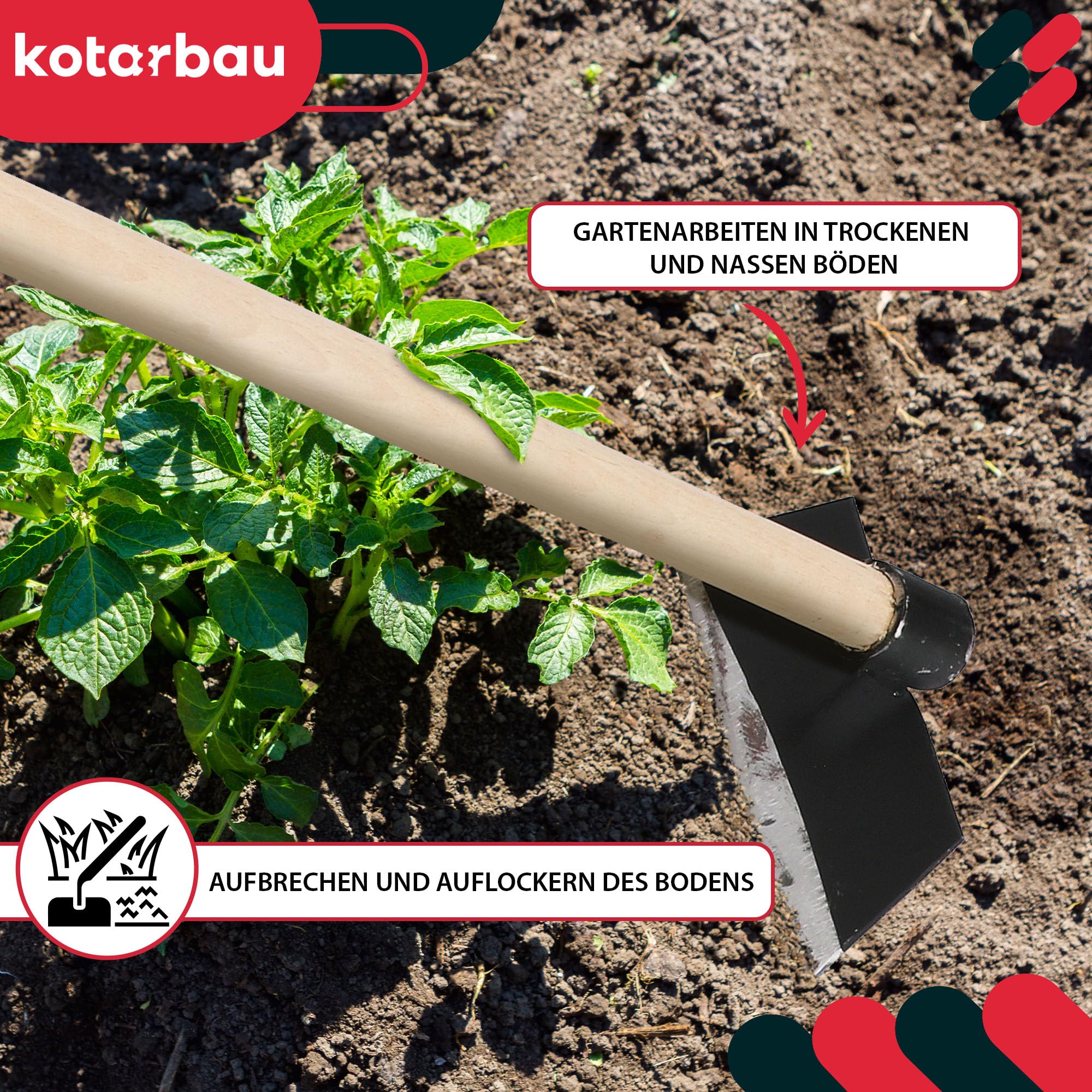 KOTARBAU® Gartenhacke Trapezform mit Holzstiel 115 cm Hacke Unkrauthacke Pflanzhacke Gartenwerkzeug zum Umpflanzen Jäten Gartenpflege Gartenzubehör Gartengeräte Garten Handwerkzeuge 200 x 80 mm