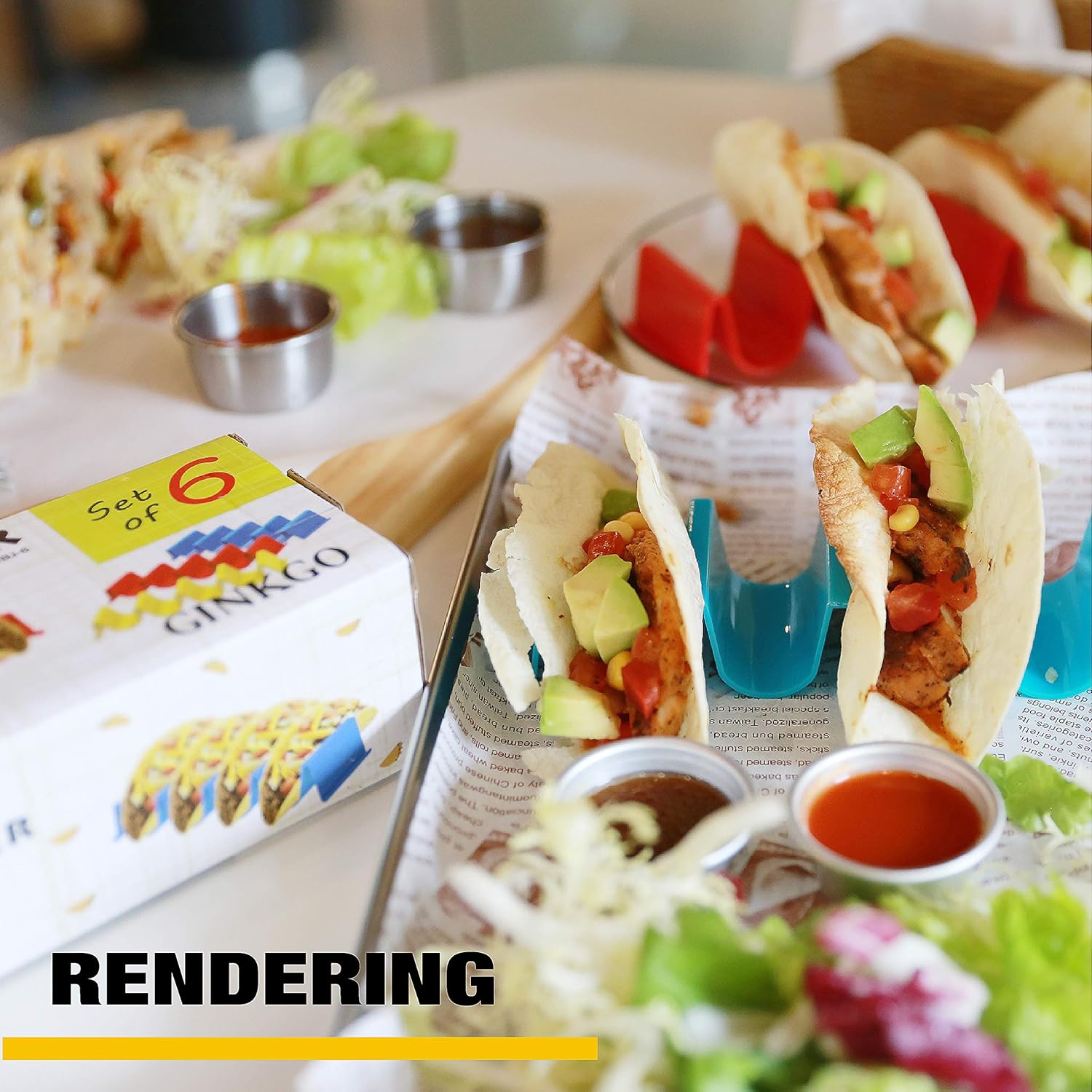 Cheapest 🛒 GINKGO Taco Holder Stand Set of 6 - Taco Truck Tray Style Rack, Holds Up to 4 Tacos Each, ABS Health Material Very Hard and Sturdy, Dishwasher Top Rack Safe, Microwave Safe