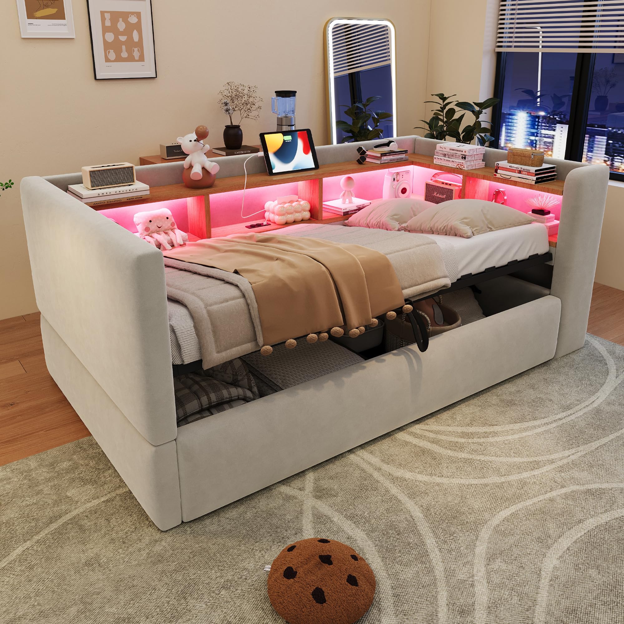 Cama acolchada de 90 x 190 cm con compartimentos y enchufes de diseño gris