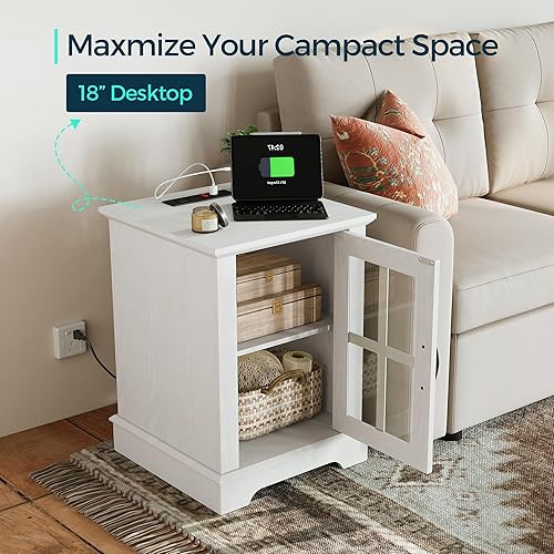 Miniatura 4 de LINSY HOME Mesa auxiliar con estación de carga, mesa auxiliar moderna con armario de almacenamiento y estante ajustable, mesa de sofá pequeña para