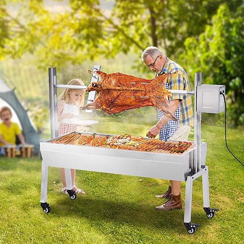 Miniatura 7 de Jocisland Kit de parrilla eléctrica para barbacoa, capacidad de 42 pulgadas, 132 libras, motor de 45 W, asador de acero inoxidable de cerdo de