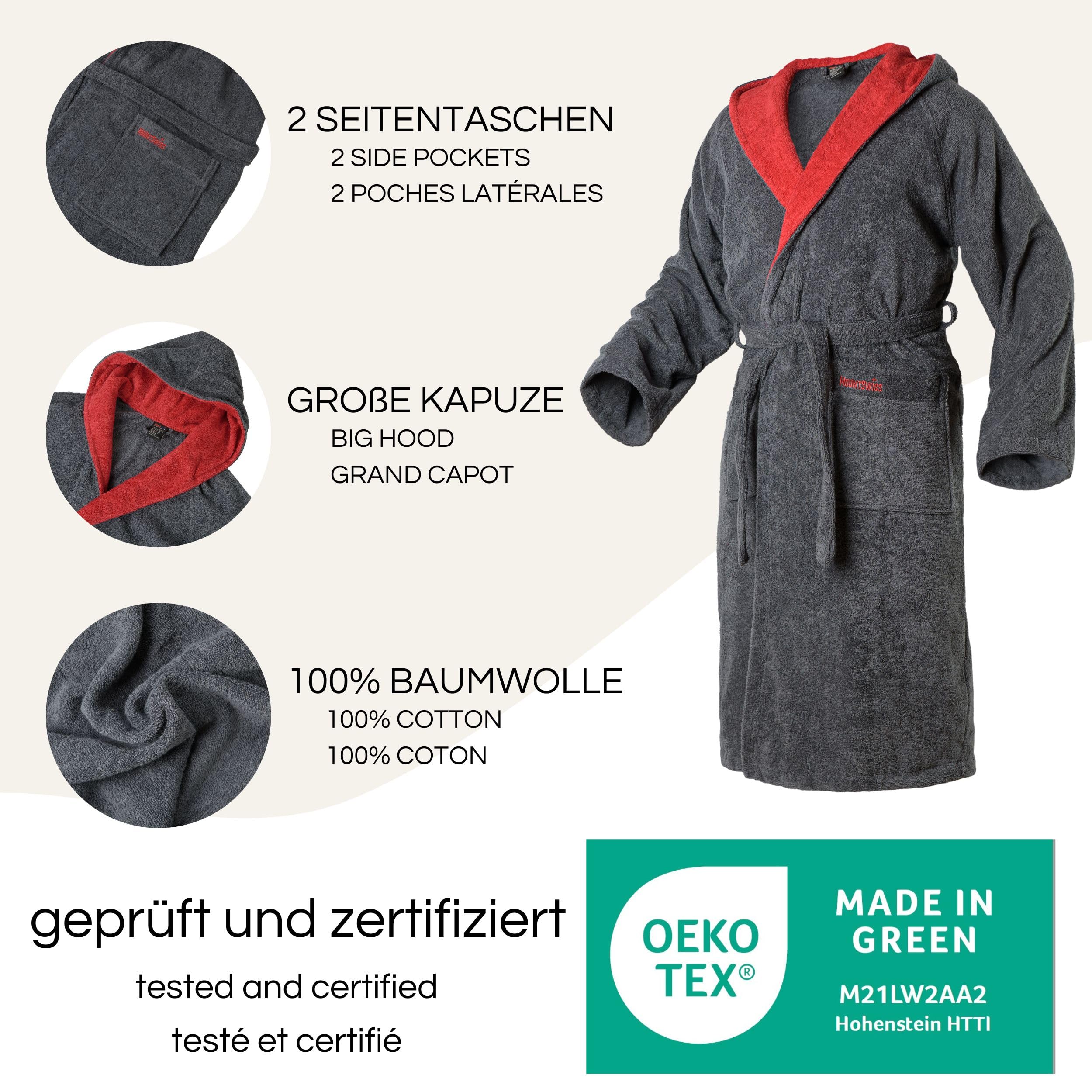 Mount Swiss ARBON Peignoir à capuche en coton élégant pour homme et femme I Peignoir moelleux I Kimono avec couleurs et tailles au choix de S à 8XL I Peignoir de bain certifié Öko-Tex Standard 100