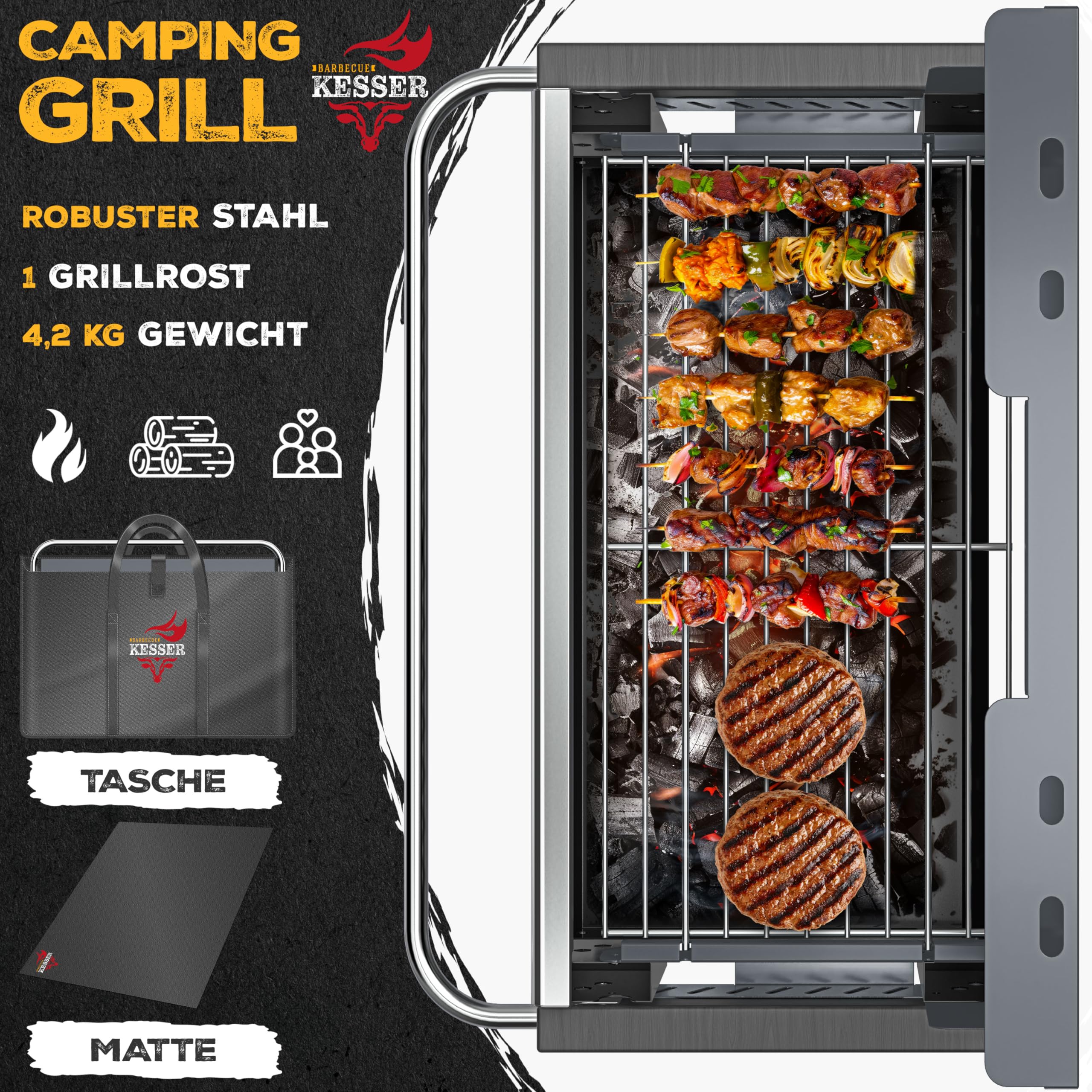 KESSER® Klapgrill, Draagbare Campinggrill Met Frame, Houtskoolgrill Van Gepoedercoat Staal Inclusief Grillrooster Grillmat En Draagtas Opvouwbaar Ideaal Voor Camping Picknick Vissen 2230045740