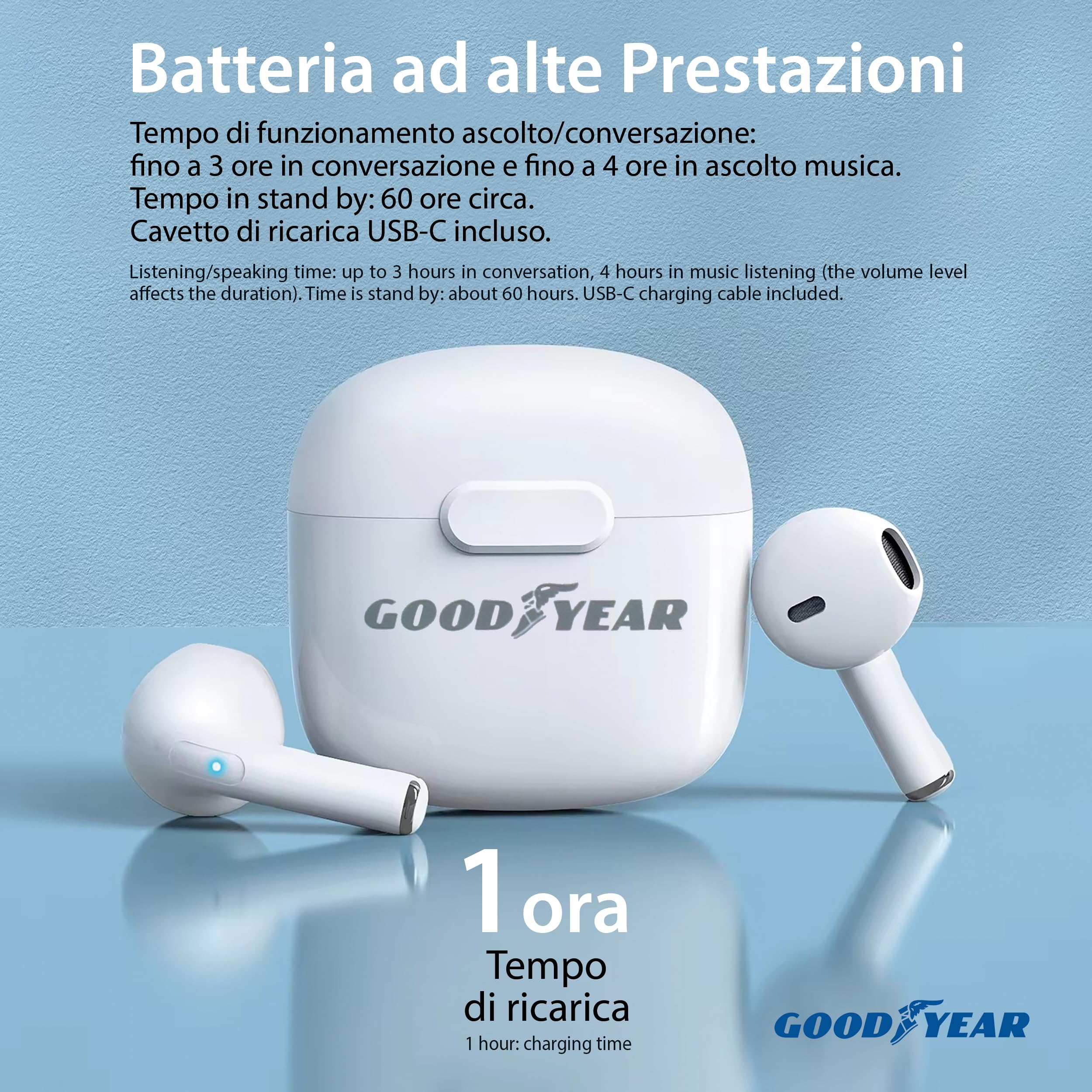 Goodyear Écouteurs sans Fil avec étui de Charge 60 Heures, Casque Bluetooth 5.3, Intra-auriculaire, câble USB-C de Charge Inclus, True Wireless Stéréo, Audio Surround, Microphone et Touch Controls,