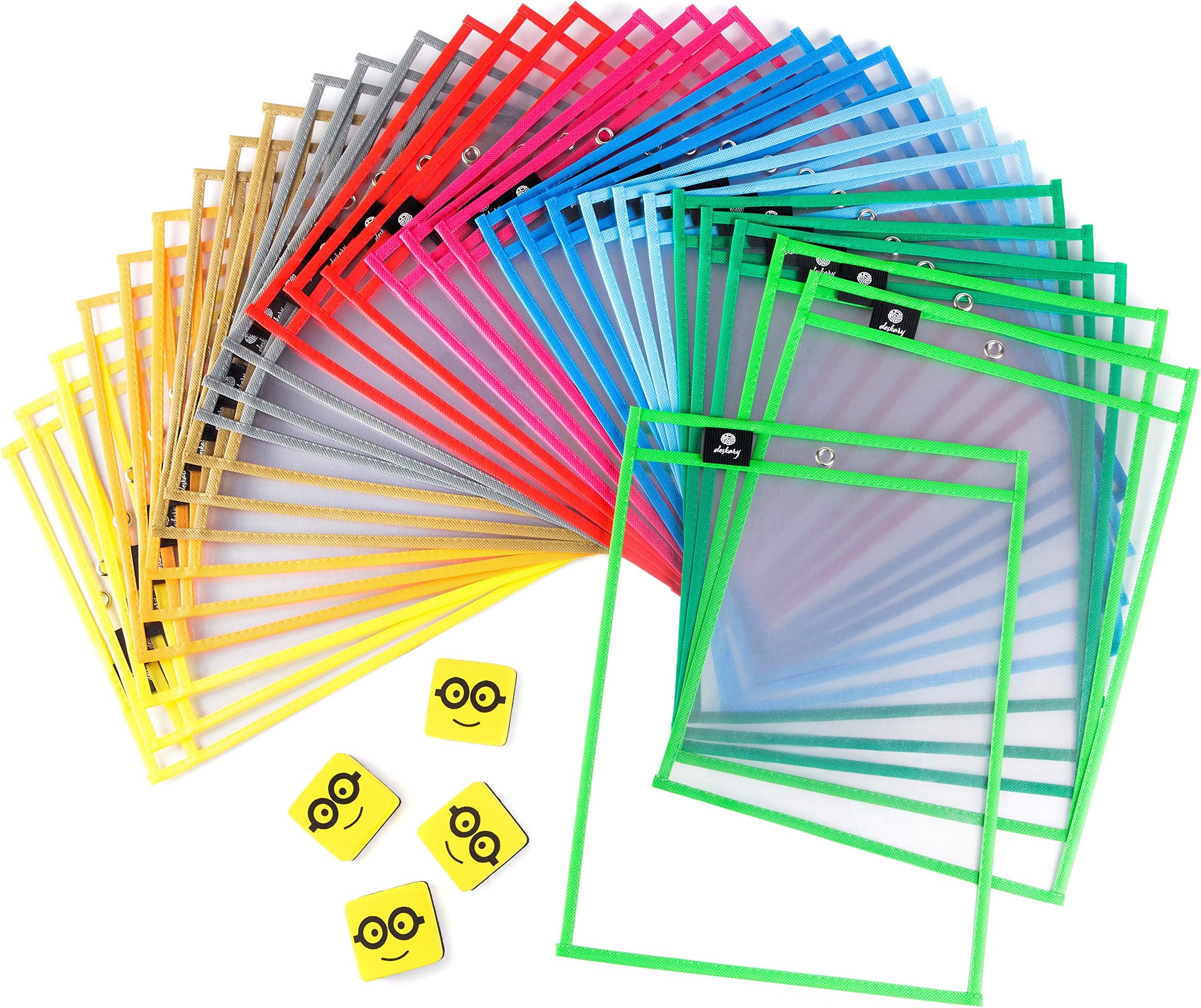 Dry Erase Pockets Reusable Sleeves - 30 Pack, Heavy Duty Oversized 10x14" Clear Plastic Sheet Paper Protectors, 10 Assorted Colors, Teacher Supplies for Classroom, School & Homeschool Organization
