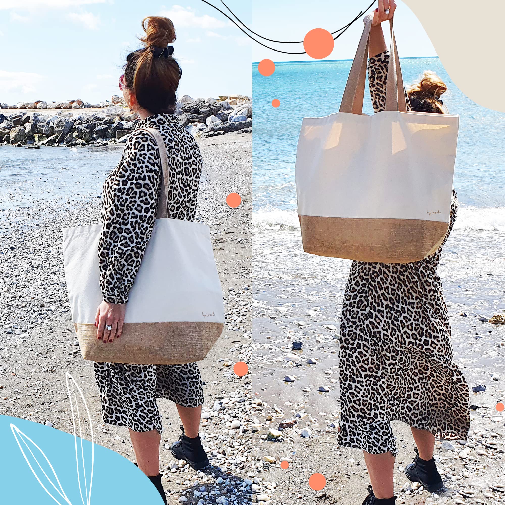 Sac de Plage Femme XXL Familiale - Sac Cabas Femme Toile Grand Format en Coton - Beach Bag - Panier Plage