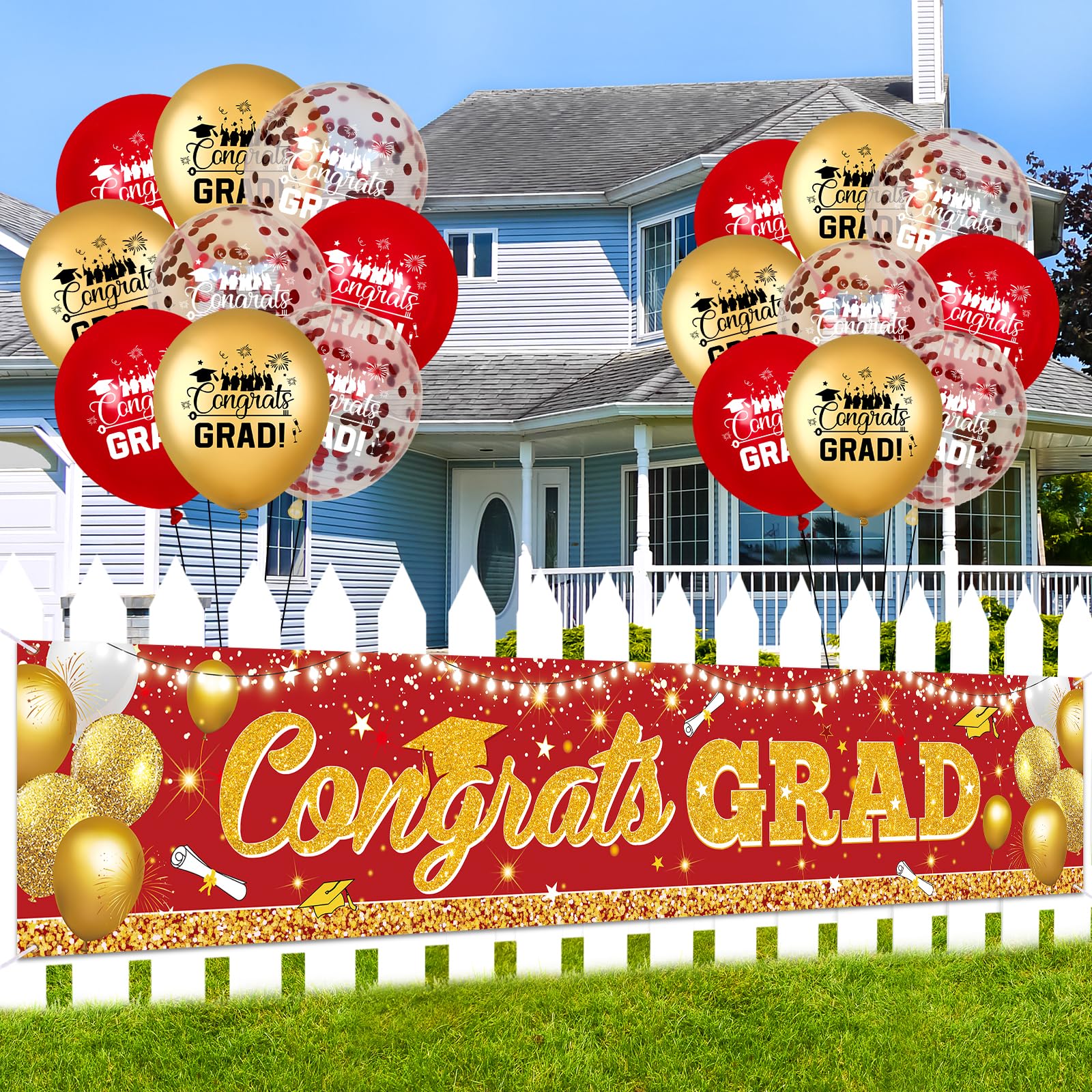 Graduation Party Decorations Red Gold Graduation Banner Balloons Set Congrats Grad Yard Banner with 18pcs Balloons for Class of 2025 Party Sign Decor