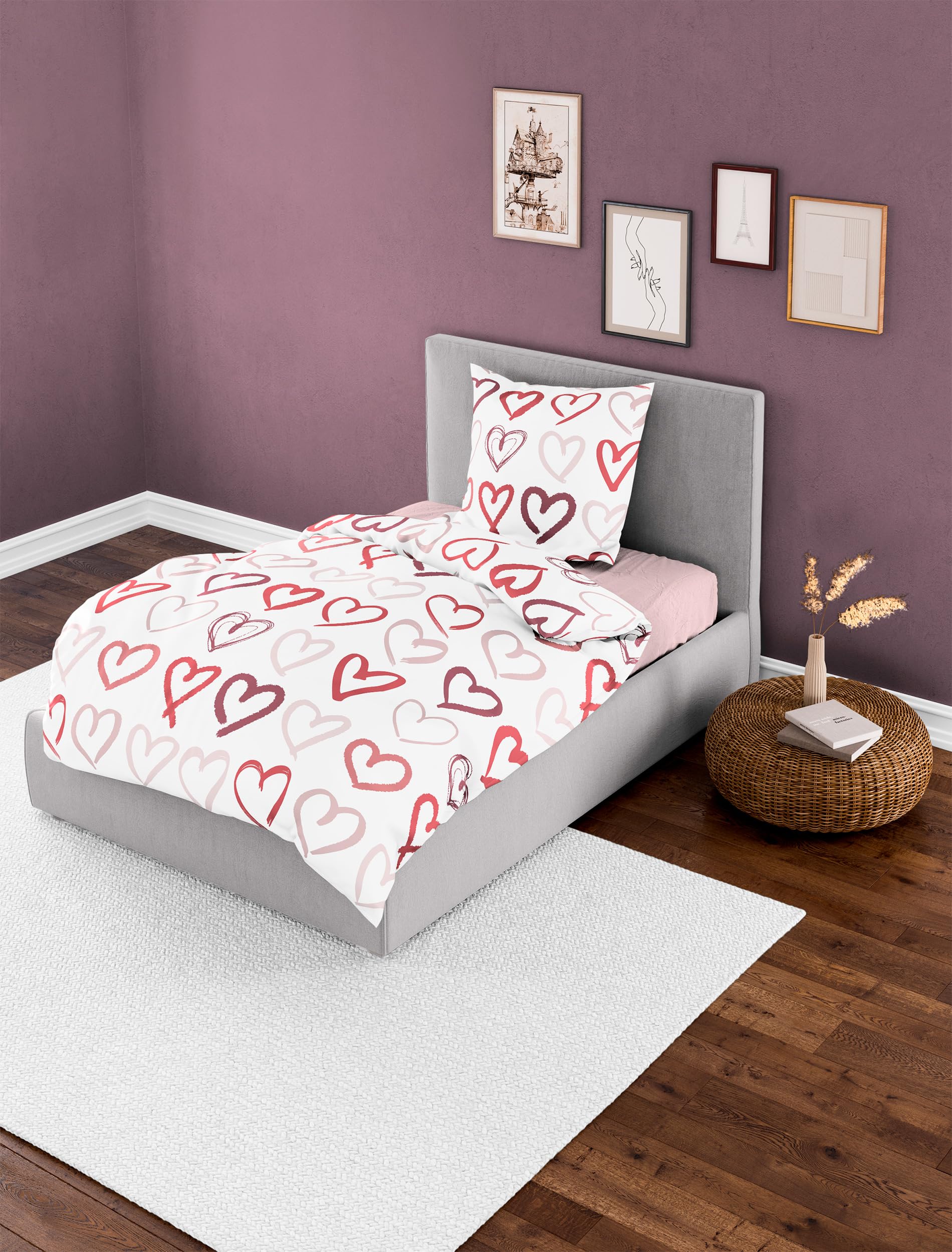 Bierbaum Mako Satin Bettwäsche 2 TLG. 135x200cm Herzen Herz Rosa Offwhite Reißverschluss