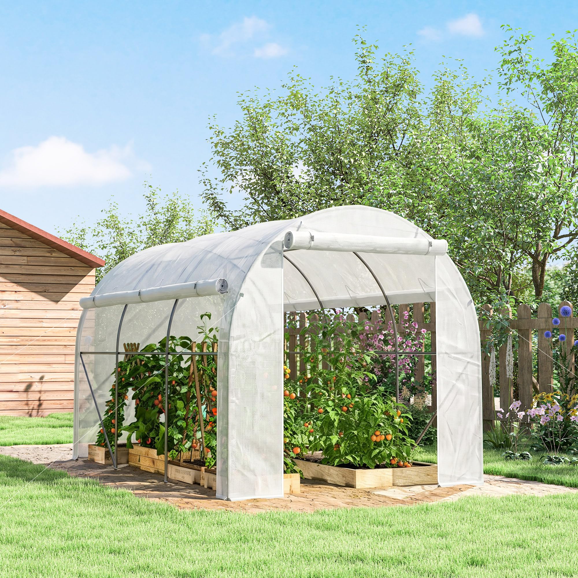 Outsunny Serre de Jardin 6 m² 3 x 2 m avec 1 Porte + 2 parois latérales zippées enroulables, 6 fenêtres, Acier galvanisé PE Haute densité 140 g/m² Anti-UV Blanc