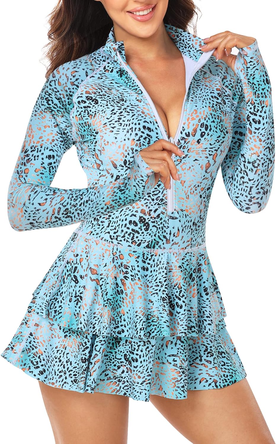 UNIQUEBELLA Rash Guard for Women, 1 Piece Modest Swimsuits for Women - Long Sleeve Swimsuits UV UPF 50+ Swim Shirt Small Aa-blue Leopard Print