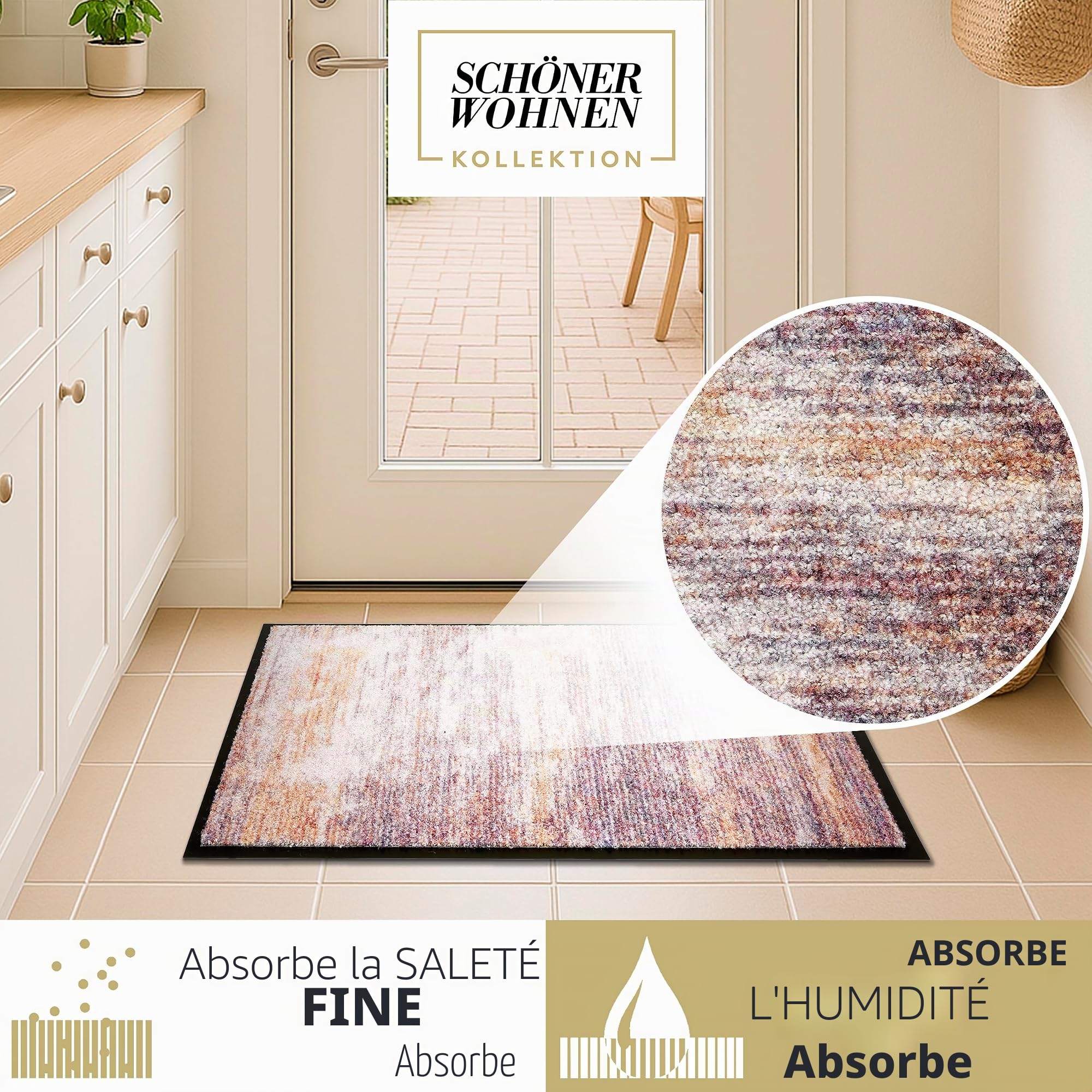 Schöner Wohnen Kollektion Paillasson d'intérieur - Tapis Anti-salissures 50 x 70 cm Rayures colorées - Paillasson d'entrée antidérapant - Tapis de Porte Lavable à 30 °C