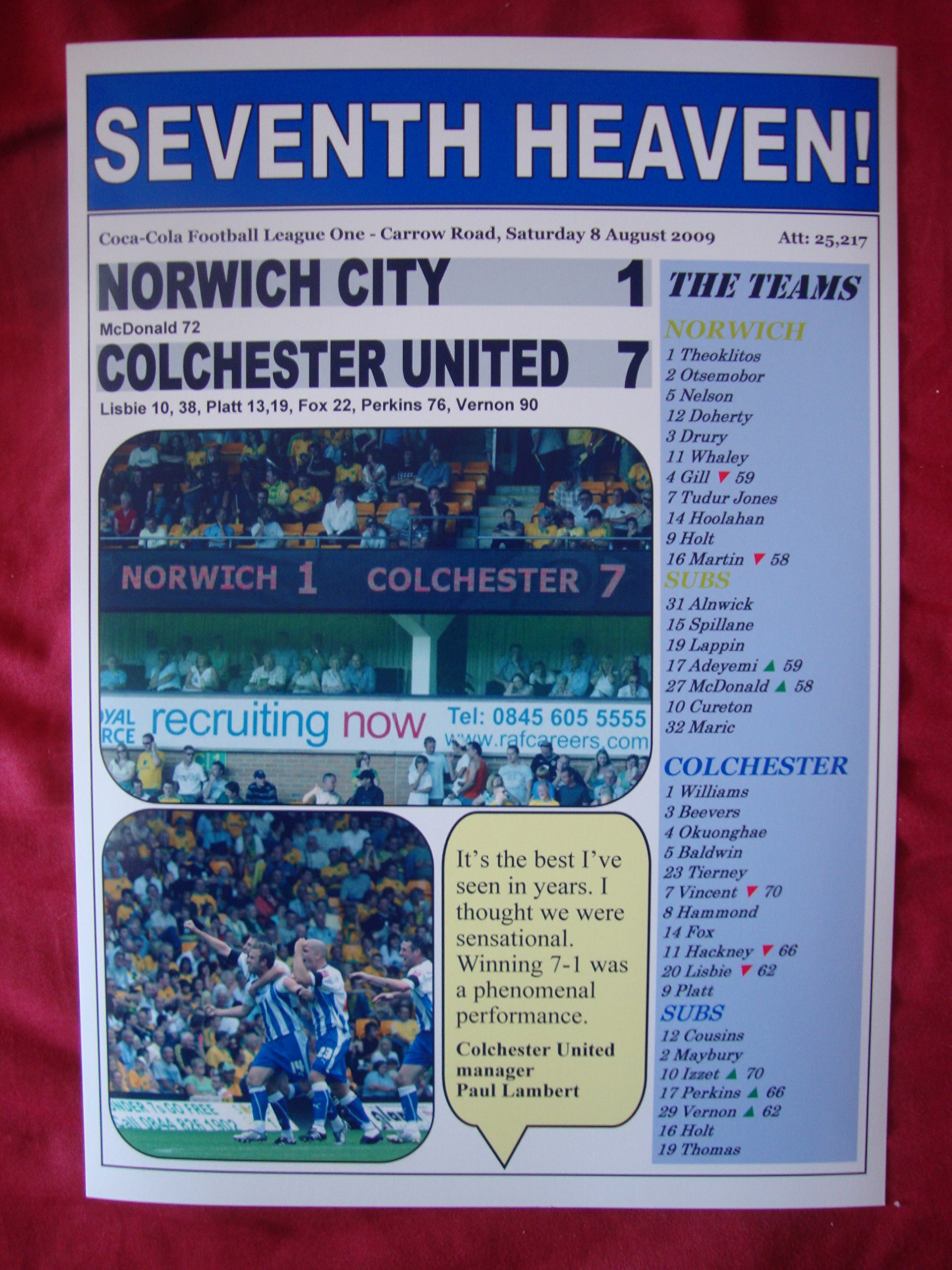 Lilywhite Multimedia Multi-Color Norwich City 1 Colchester United 7-2009 - Souvenir Print