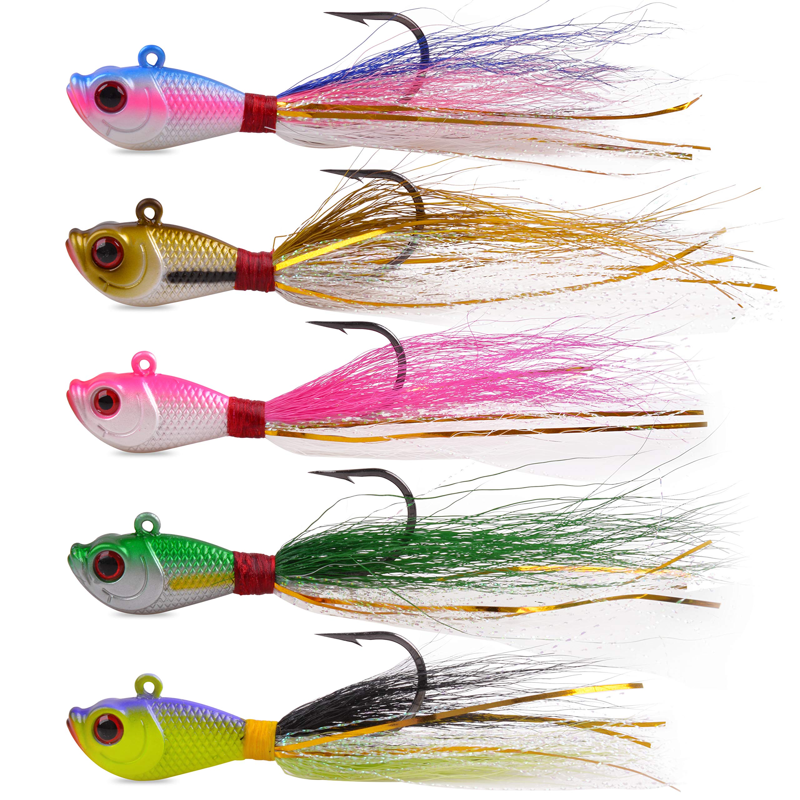 Bucktail Jigs Saltwater Lures,3/5PCS Bucktail Hair Jigs Head Fishing Lure Baits Assorted Kit for Bass Striper Bluefish Surf Fishing 1/4oz 1/2oz 1oz