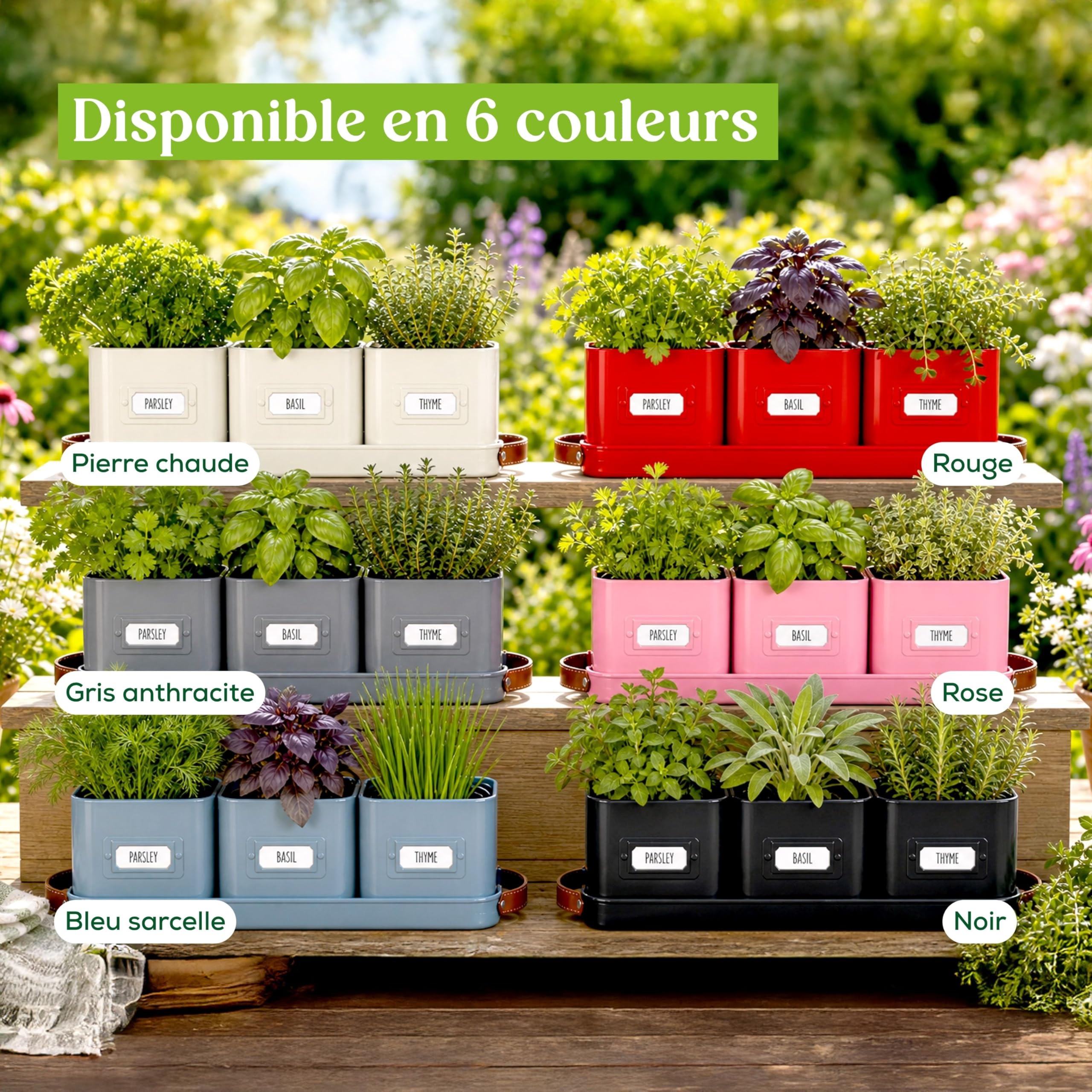 Green Thumbz Jardinière Herbes Aromatiques avec Poignée en Cuir - Idéal pour Basilic en Pot Herbes Aromatiques à Planter - avec Bac de Récupération et Trou de Drainage (Blanc)