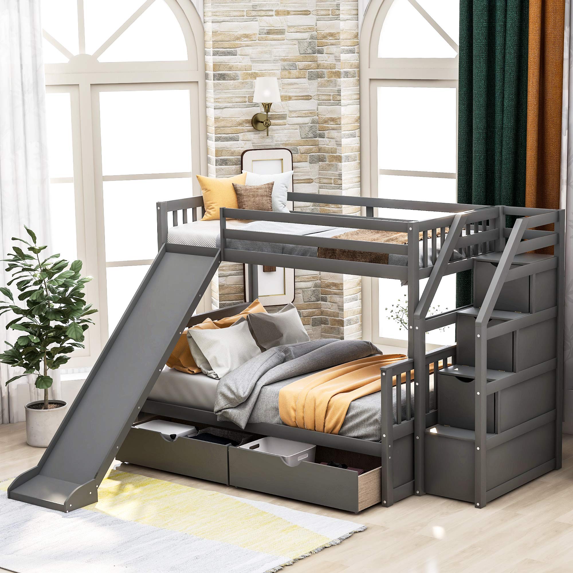 Buy Twin Over Full Bunk Bed with Slides for Kids and Teenagers, Solid