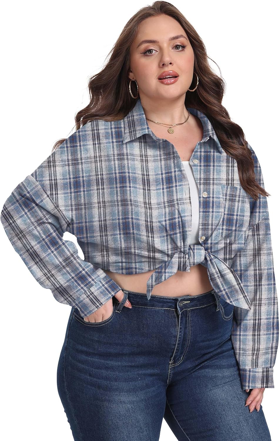 OLRIK Plus Size Plaid Shirt Flannel Long Sleeve Button Down for Women Loose Fit Comfortable Casual Loose Fit Blouse Haze Blue Plaid-2X - Image 6