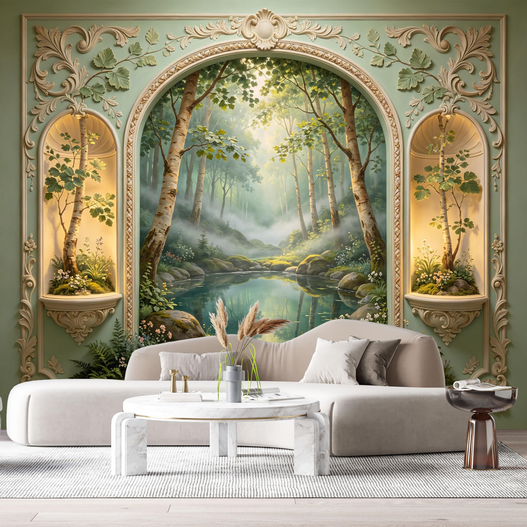 Custom Size Wall Murals Forest Lake Landscape Neoclassical Arch 3D Trompe L'Oeil SelfAdhesiveWall Fabric Removable Wallpaper Wall Decor for Living Room Bedroom Bathroom