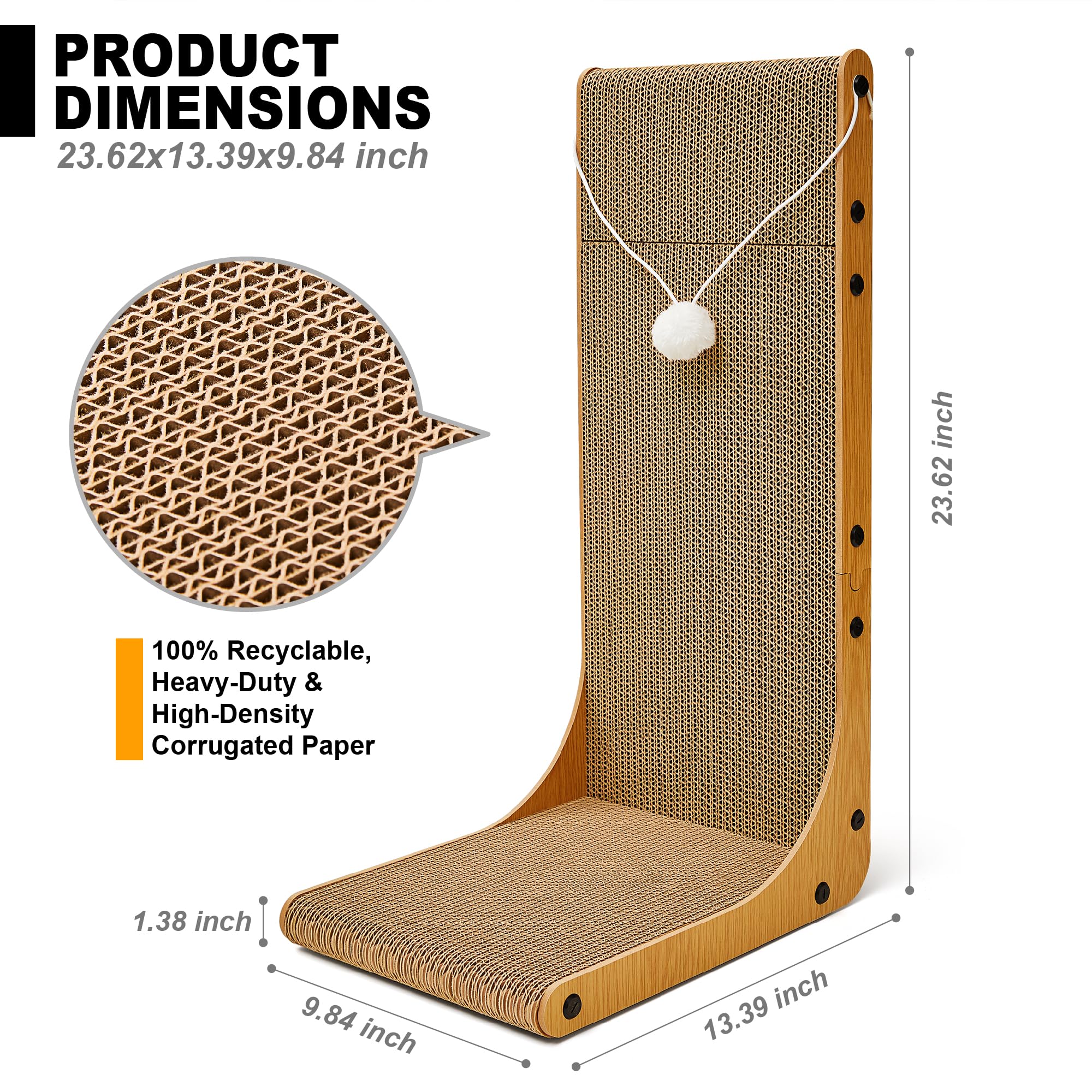 Value 2-Pack 23.6 Inch L-Shaped Cardboard Cat Scratcher, Dual Use (Vert/Horiz) Scratch Pad with Toy Balls, Wall-Mountable Furniture Protector Cat Scratchers for Indoor Cats, Couch & Wall