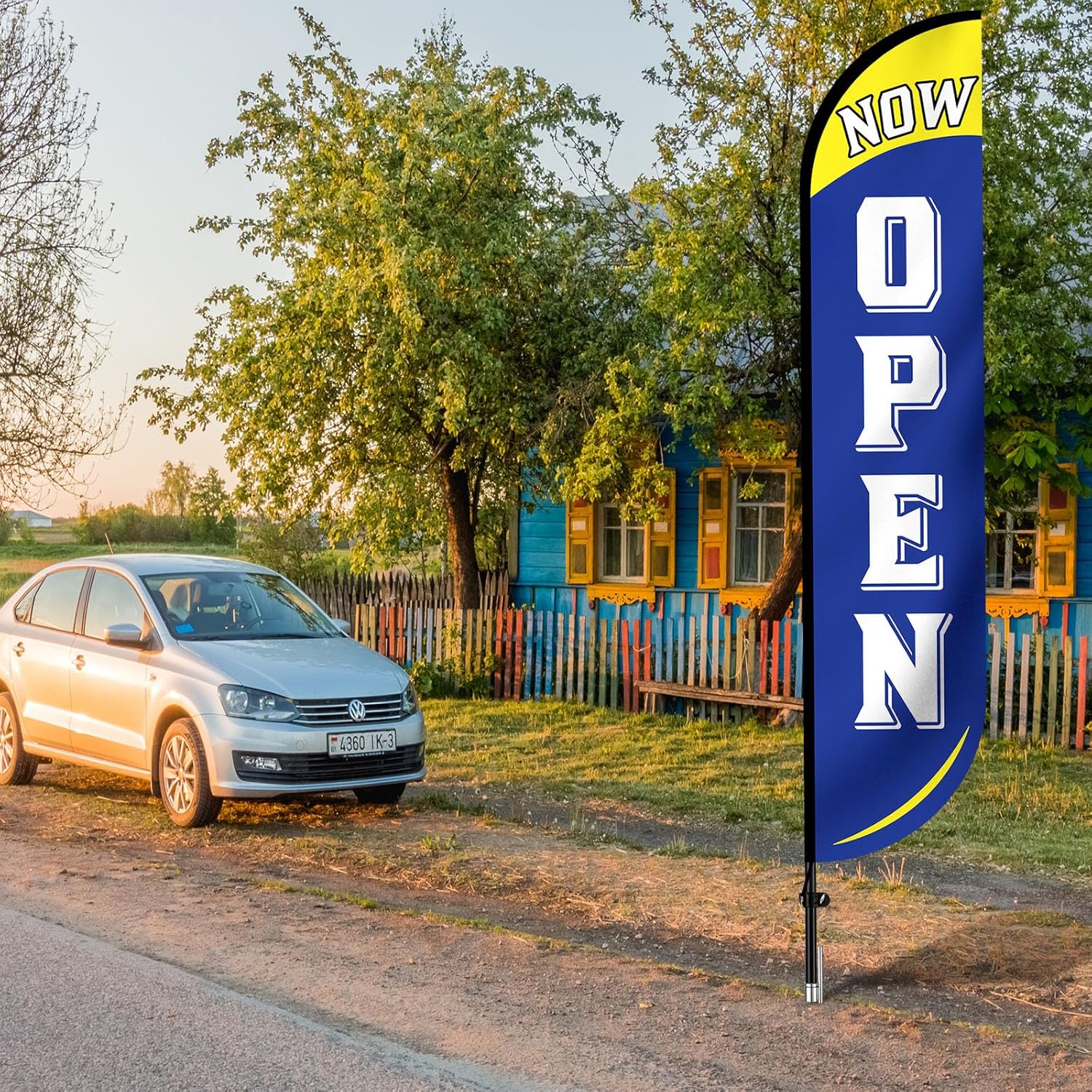 Preboun 2 Sets 12 ft Now Open Feather Flags Pole Kit for Business Advertising Feather Sign with Poles and Ground Spikes Open Flags Banner for Store Outside Signs (Blue)