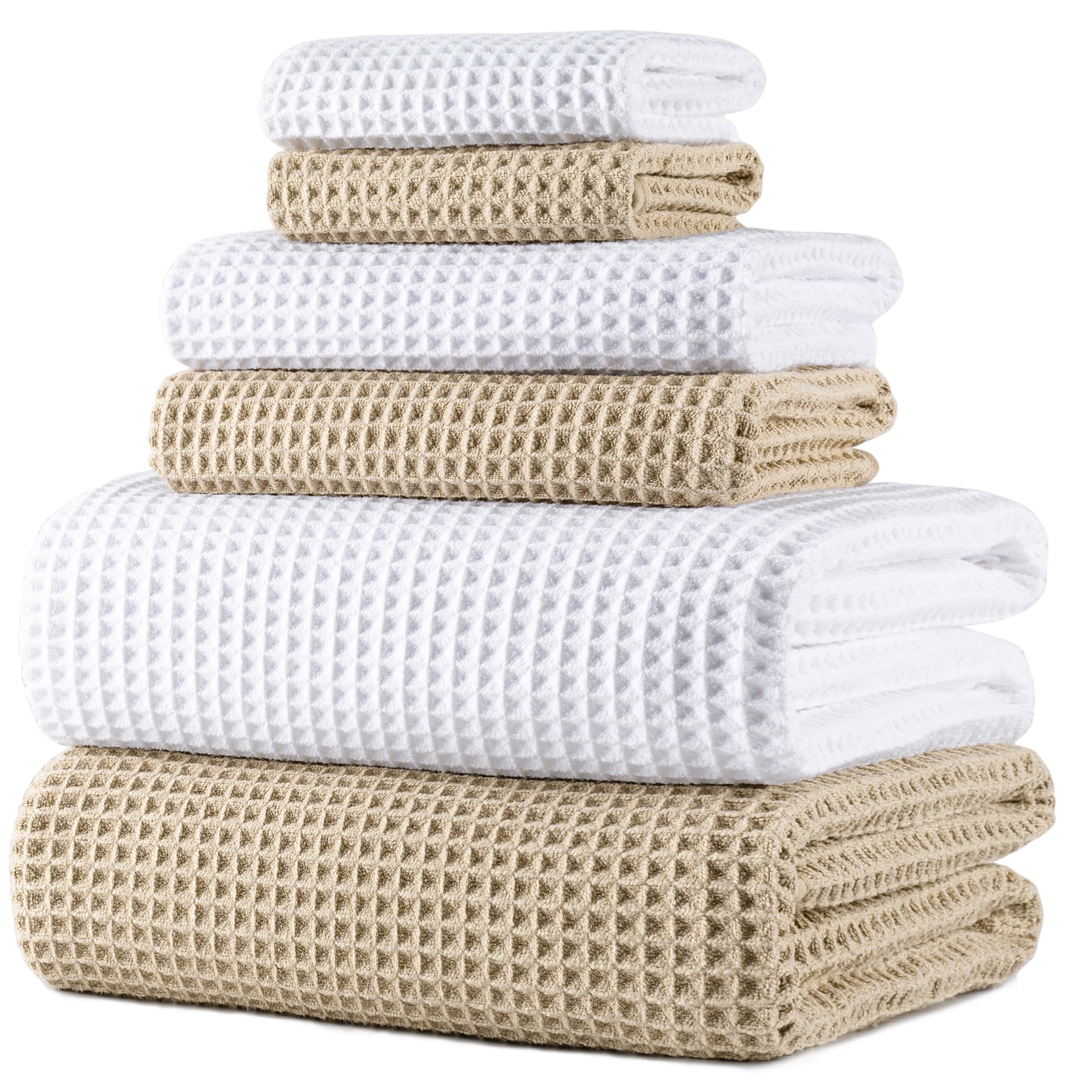 POLYTE 430 GSM Microfiber Quick Dry Lint Free Oversize Bath Towel Set, 6 Piece (Waffle Weave)