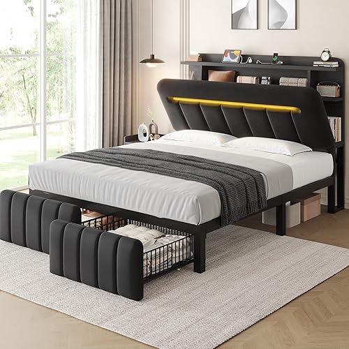 Base de cama Queen con cabecera de almacenamiento, marco de cama negro tapizado tamaño Queen con cajones de almacenamiento y estación de carga, cama