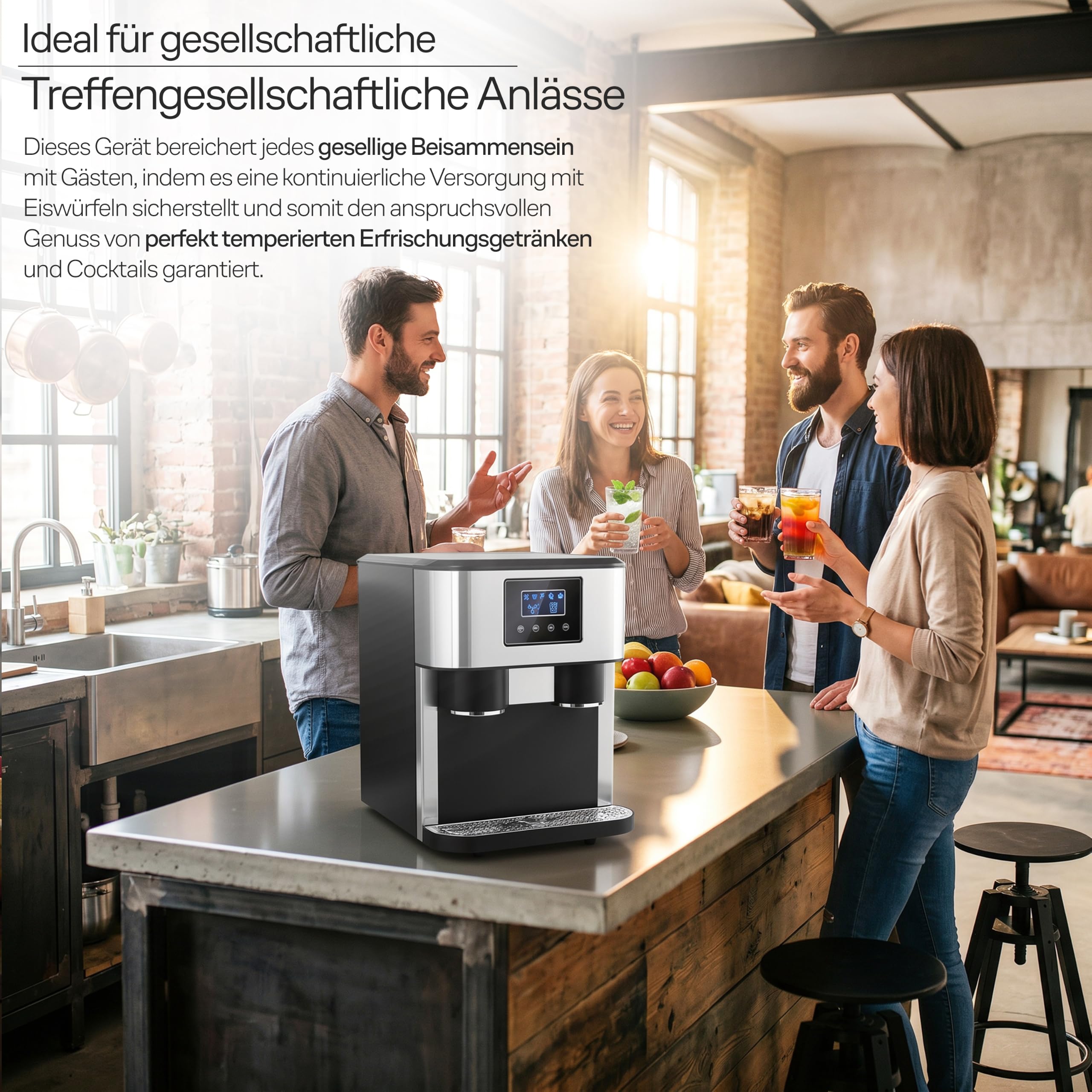 Retoo Premium 3 in 1 Eiswürfelmaschine mit Crushed Ice & Wasserspender, 18kg/24h, 16 Eiswürfel in 8–10 Min, Ice Maker für Cocktails, Whisky & Zuhause, Touchpanel, 2 Eisgrößen