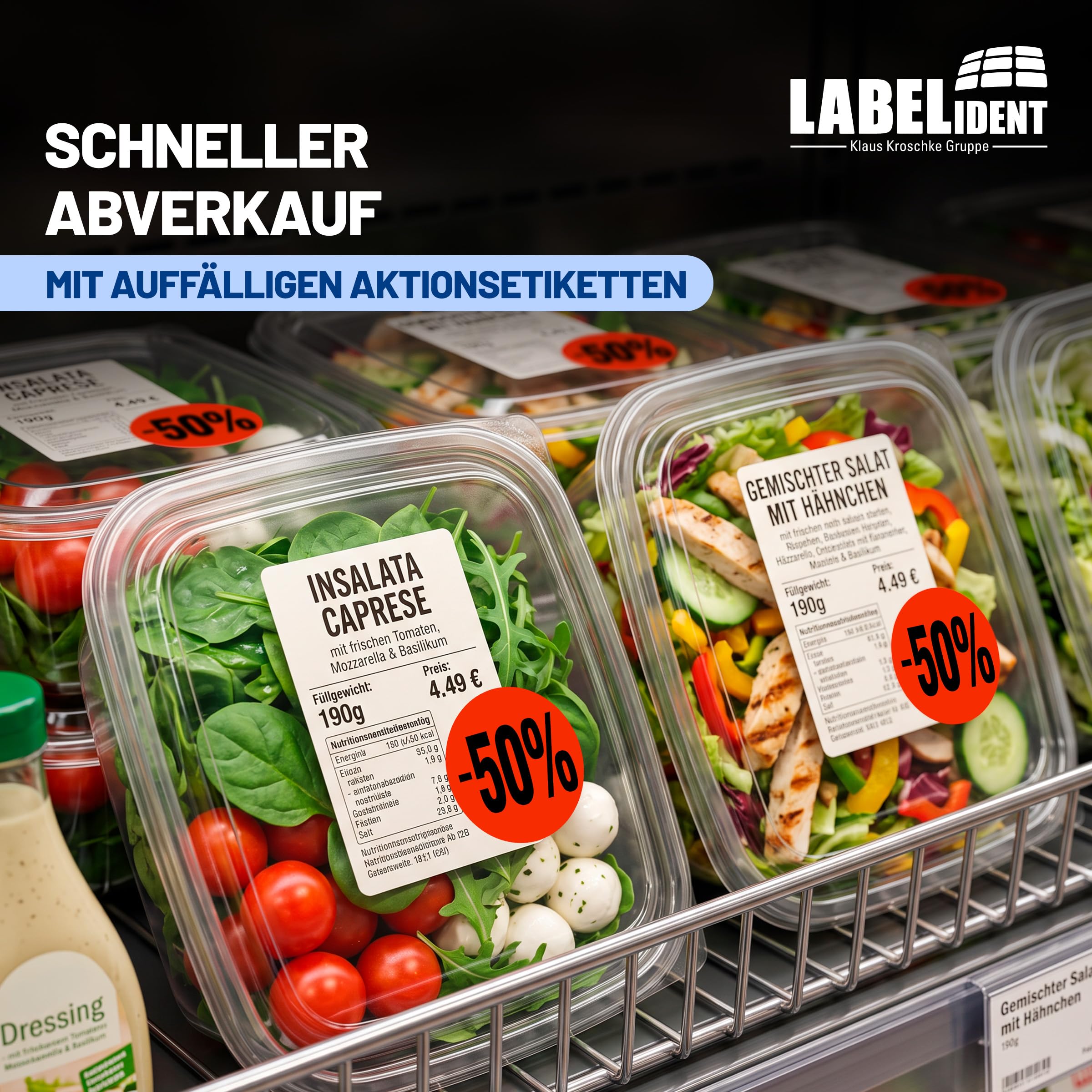 Labelident Aktionsetiketten -50% Ø 32 mm | 10.000 Rabattaufkleber auf 10 Rollen | leuchtrot-schwarz | Für Handel, Lager und Verkauf | Stark selbstklebende Preisetiketten