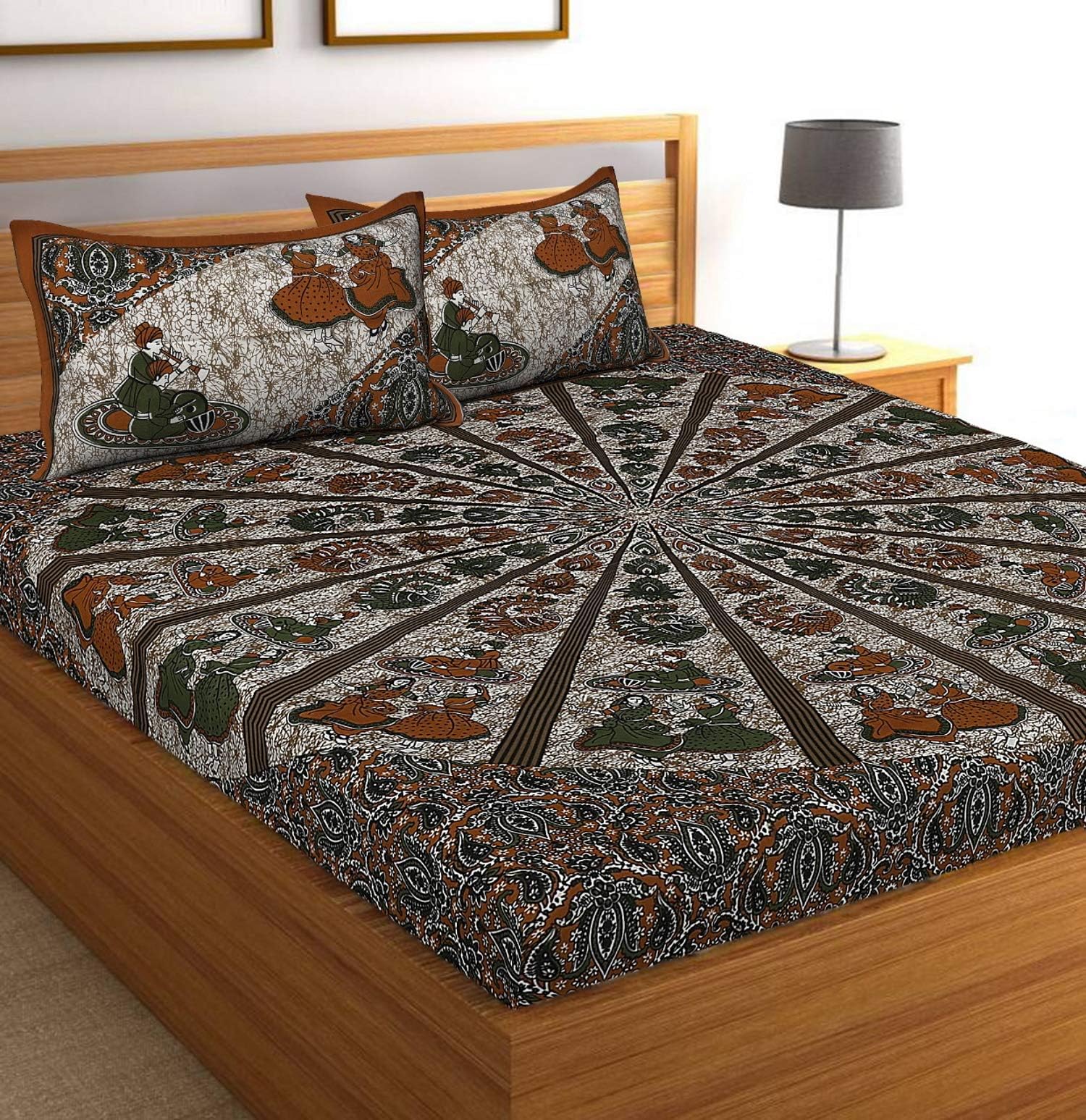Cotton Printed Bedsheet, Rajasthani Dance Bedcover 86x94 Inches with 2 Pillowcovers